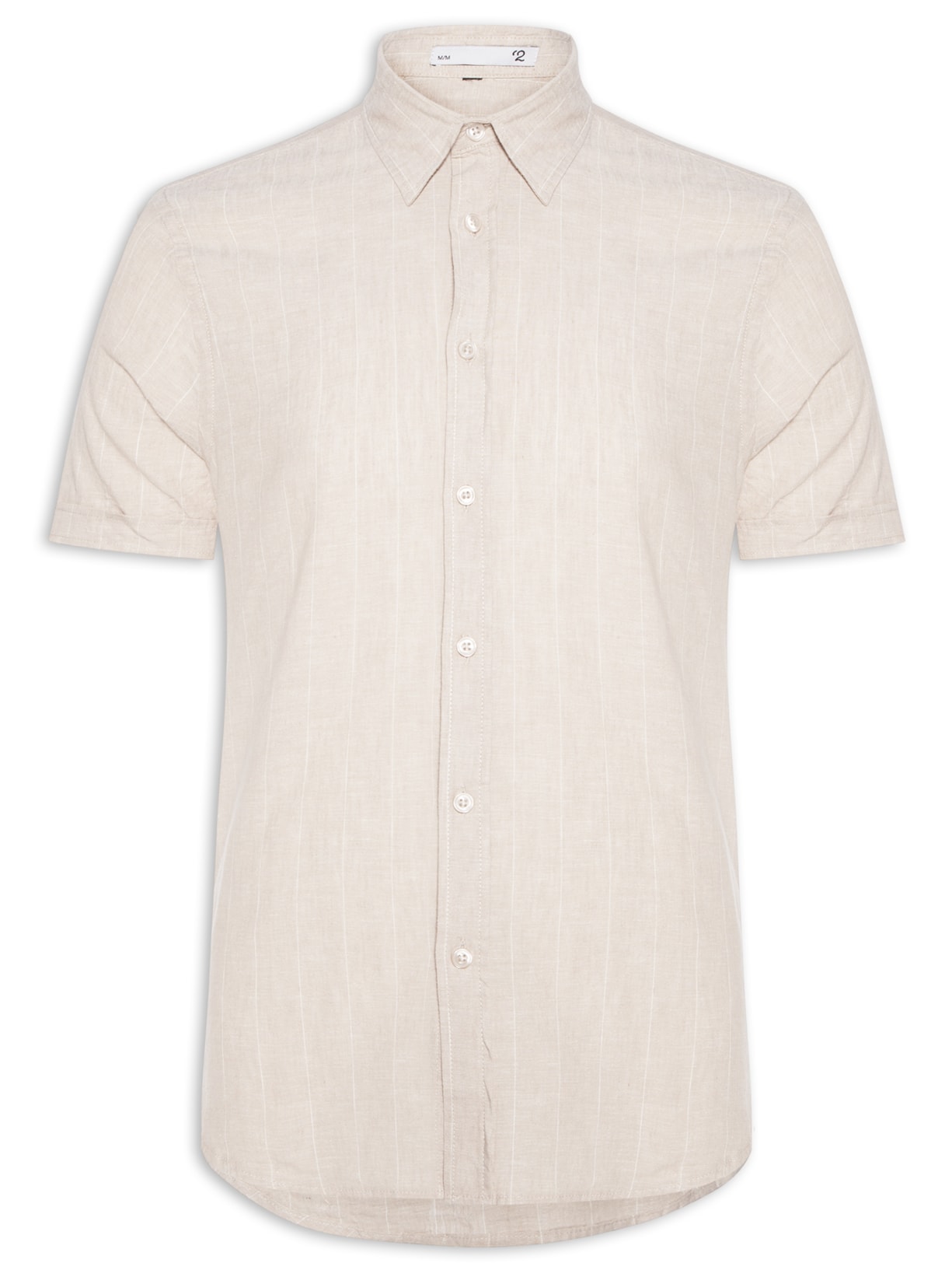 Camisa Masculina Em Linho Com Estampa De Listras E Manga Curta - Bege