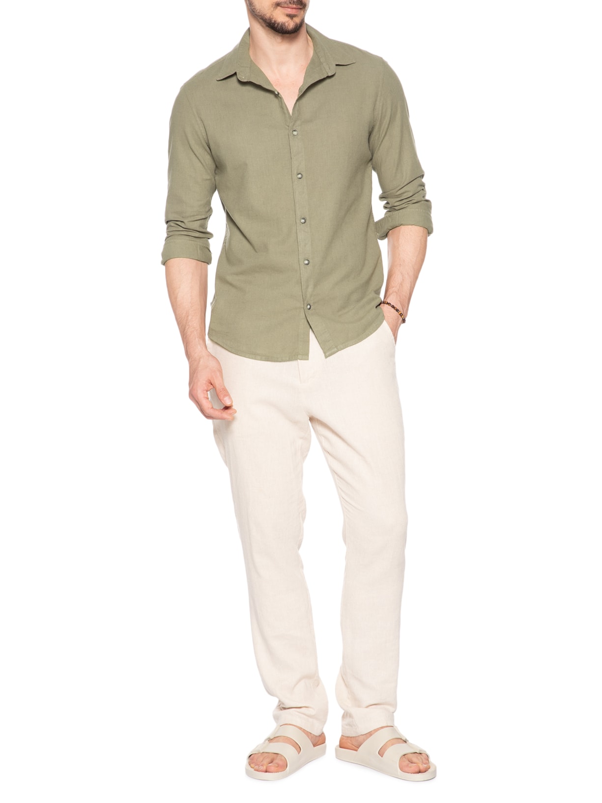 Camisa Masculina Em Linho Noronha Manha Longa Verde Austral