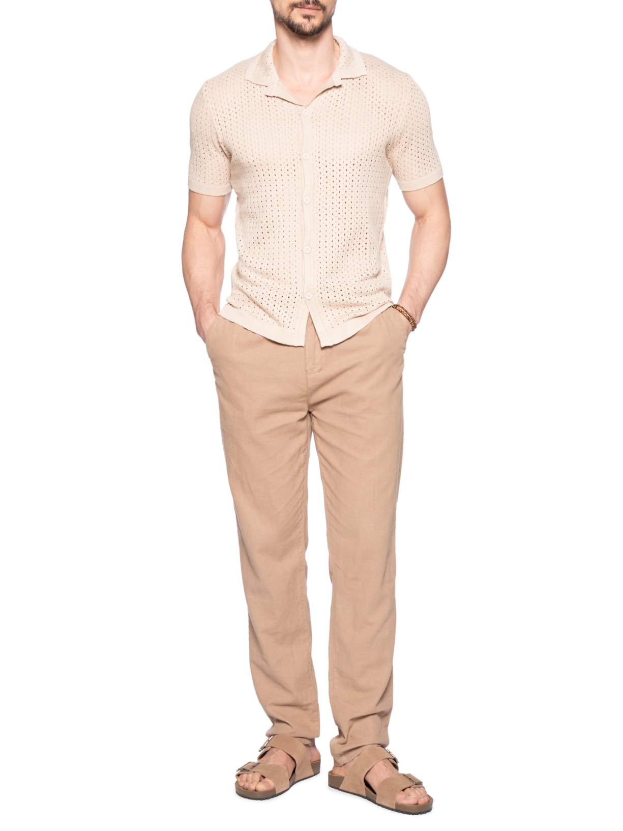 Camisa Masculina Em Tricot Bege Basiq Men