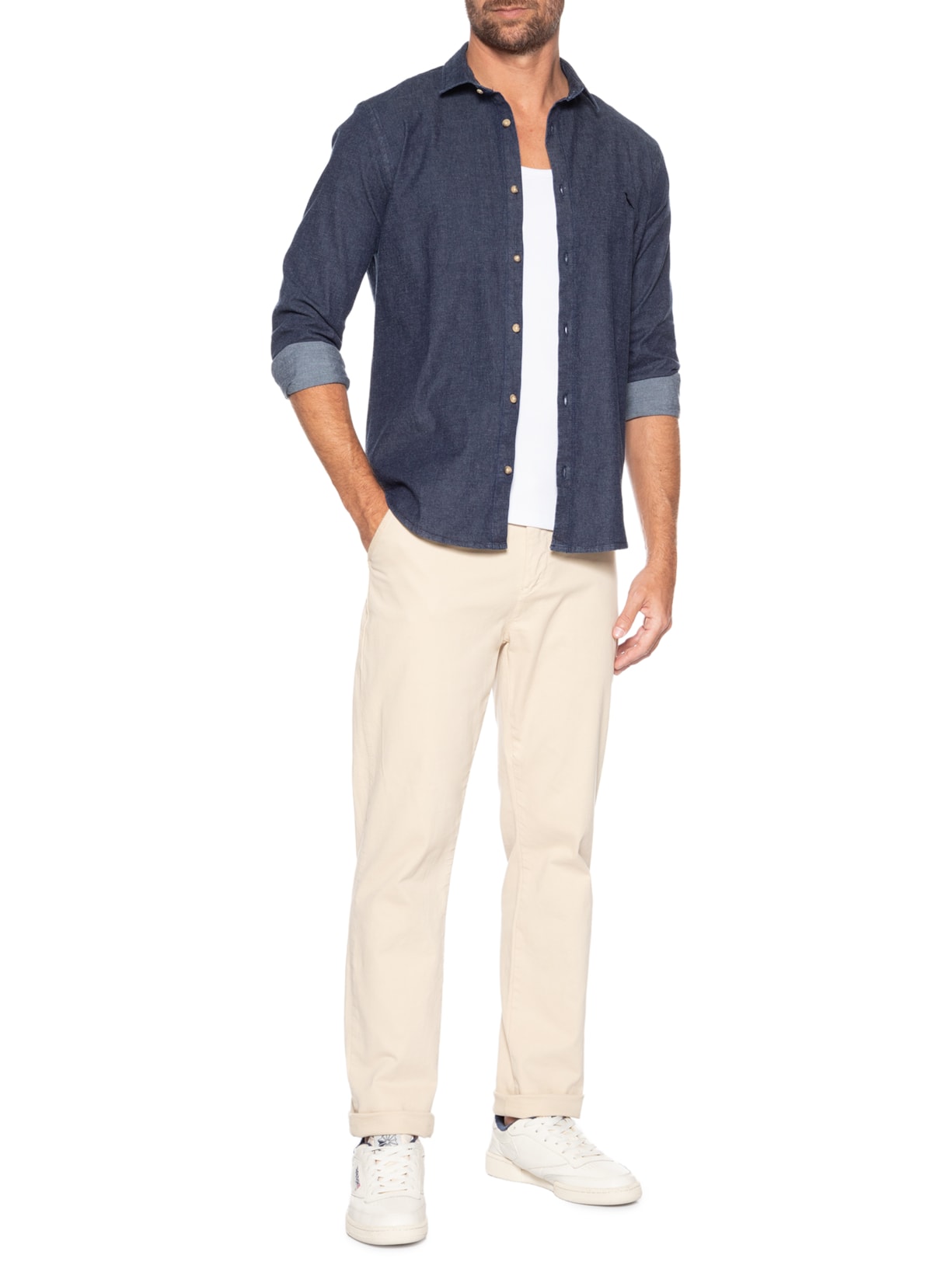 Camisa Masculina Enxuto Jeans Azul Reserva