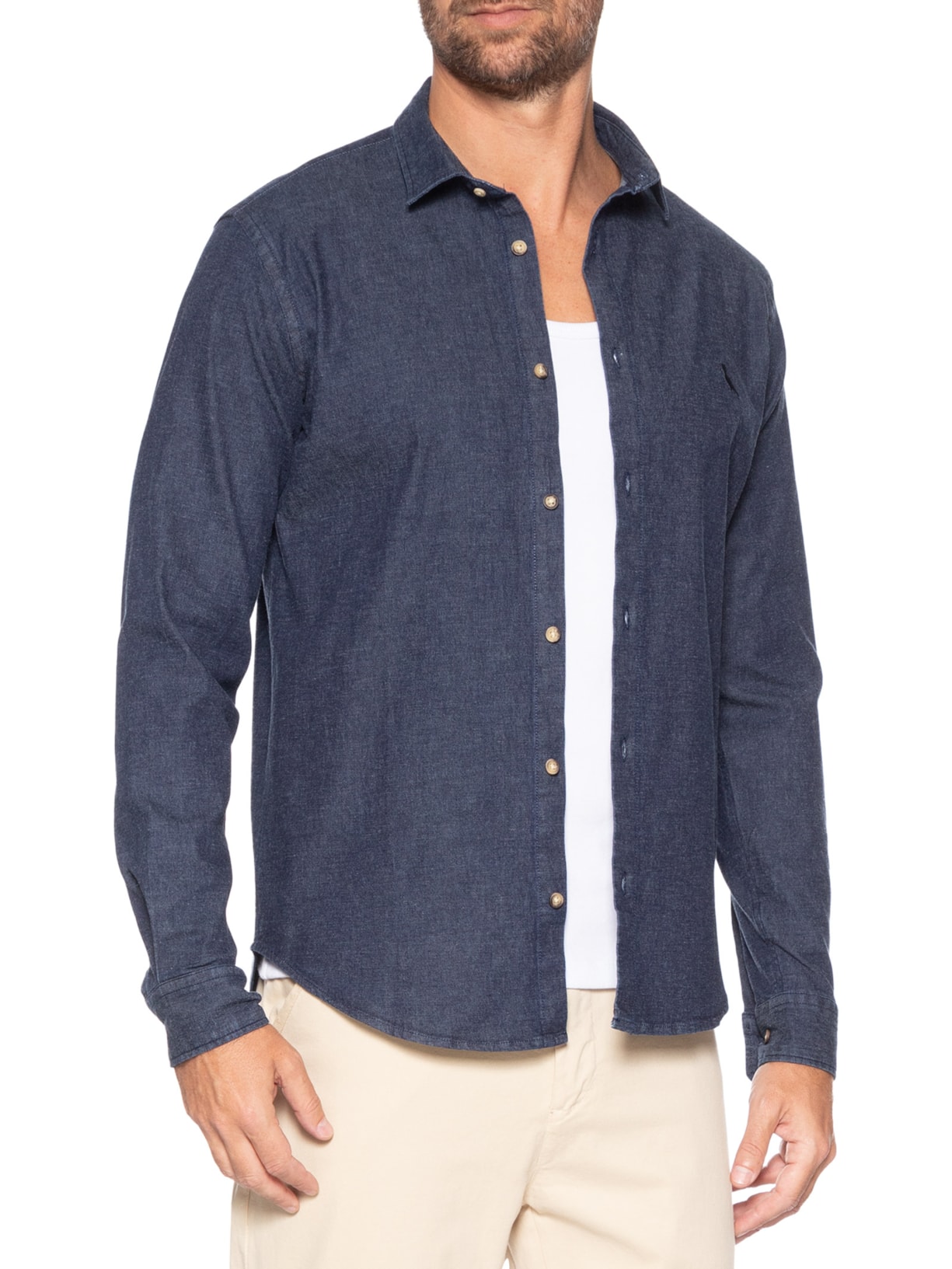 Camisa Masculina Enxuto Jeans Azul Reserva