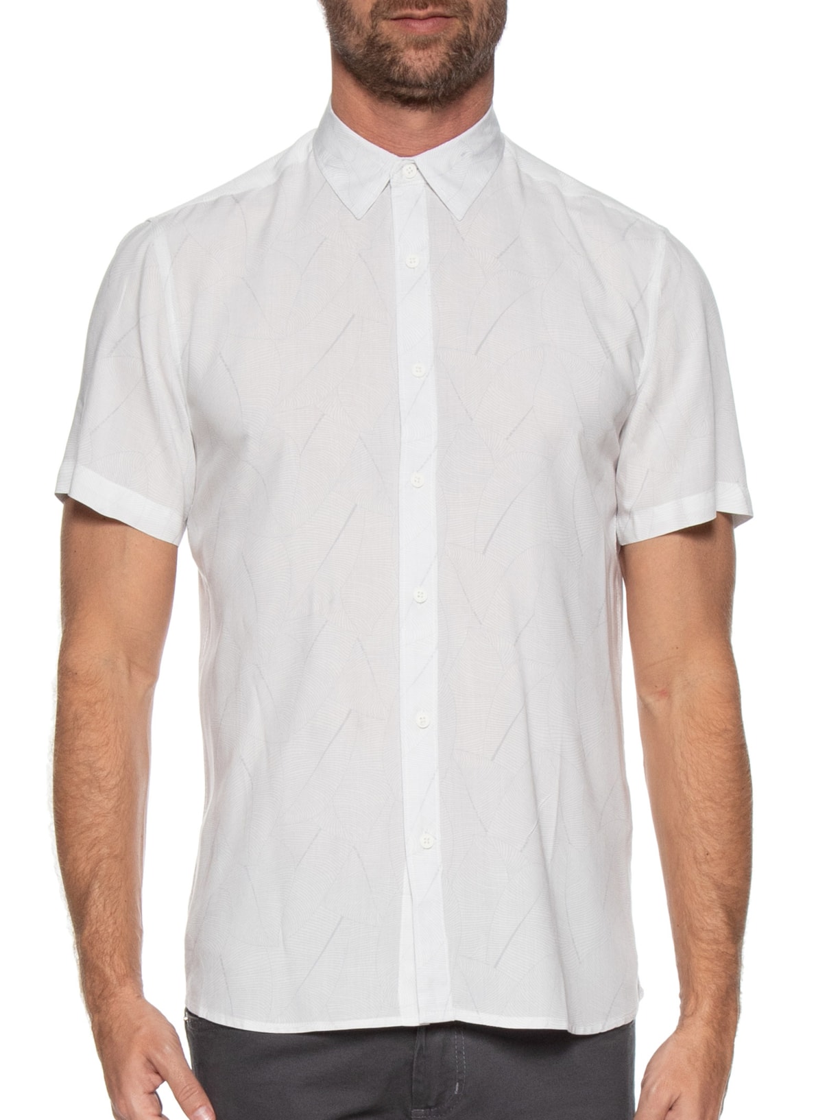 Camisa Masculina Estampa Folhagem Manga Curta Branco '2 Essential