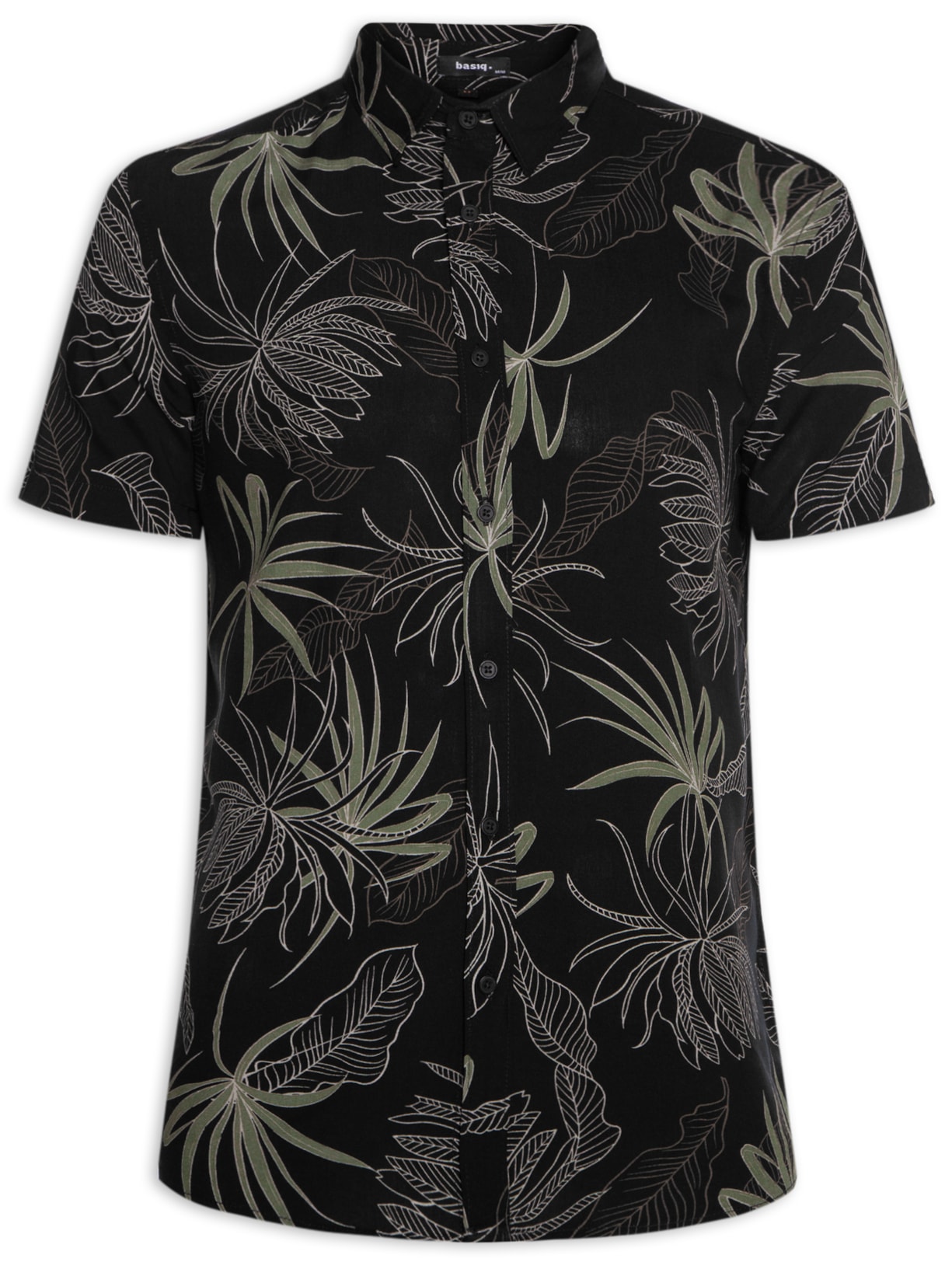 Camisa Masculina Estampa Folhagem Manga Curta - Preto