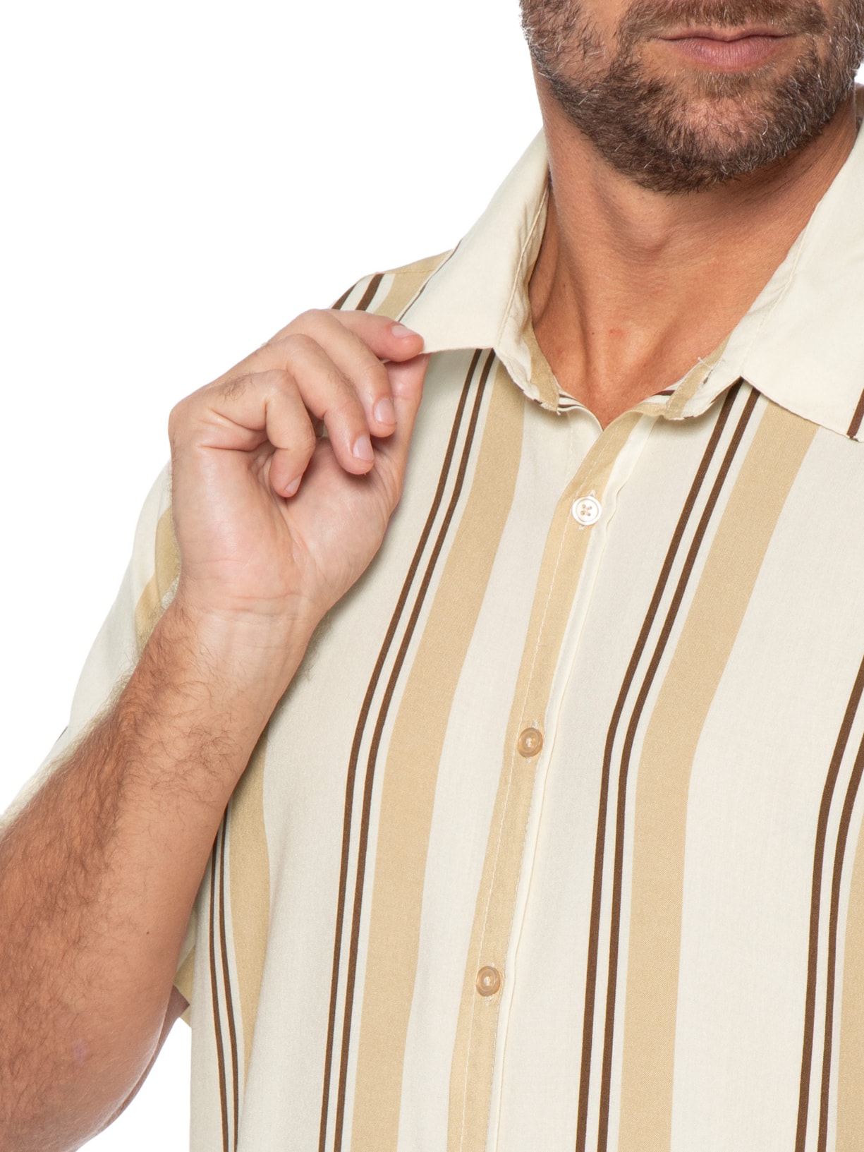 Camisa Masculina Estampa Listras Manga Curta Bege Basiq Men
