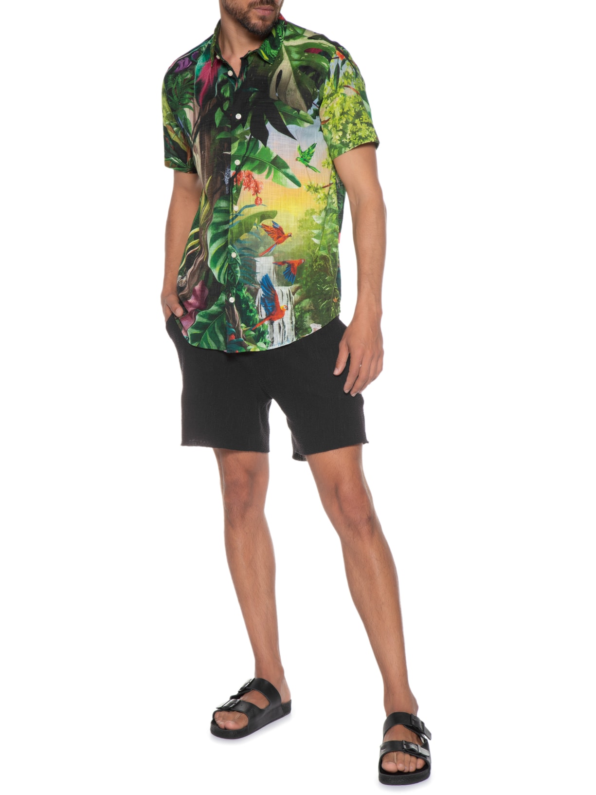 Camisa Masculina Estampada Manga Curta Paraíso Tropical Preto Reserva