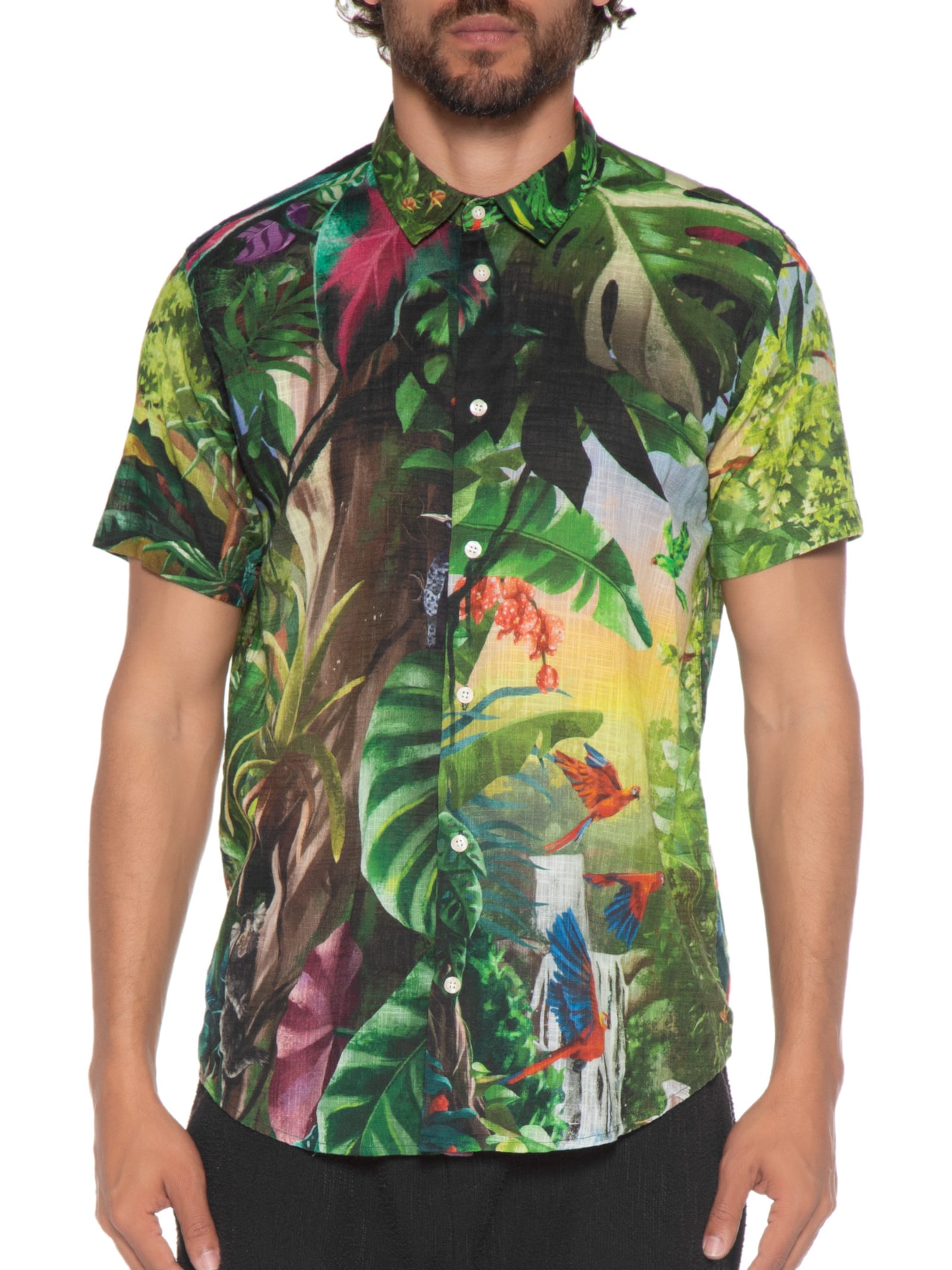 Camisa Masculina Estampada Manga Curta Paraíso Tropical Preto Reserva