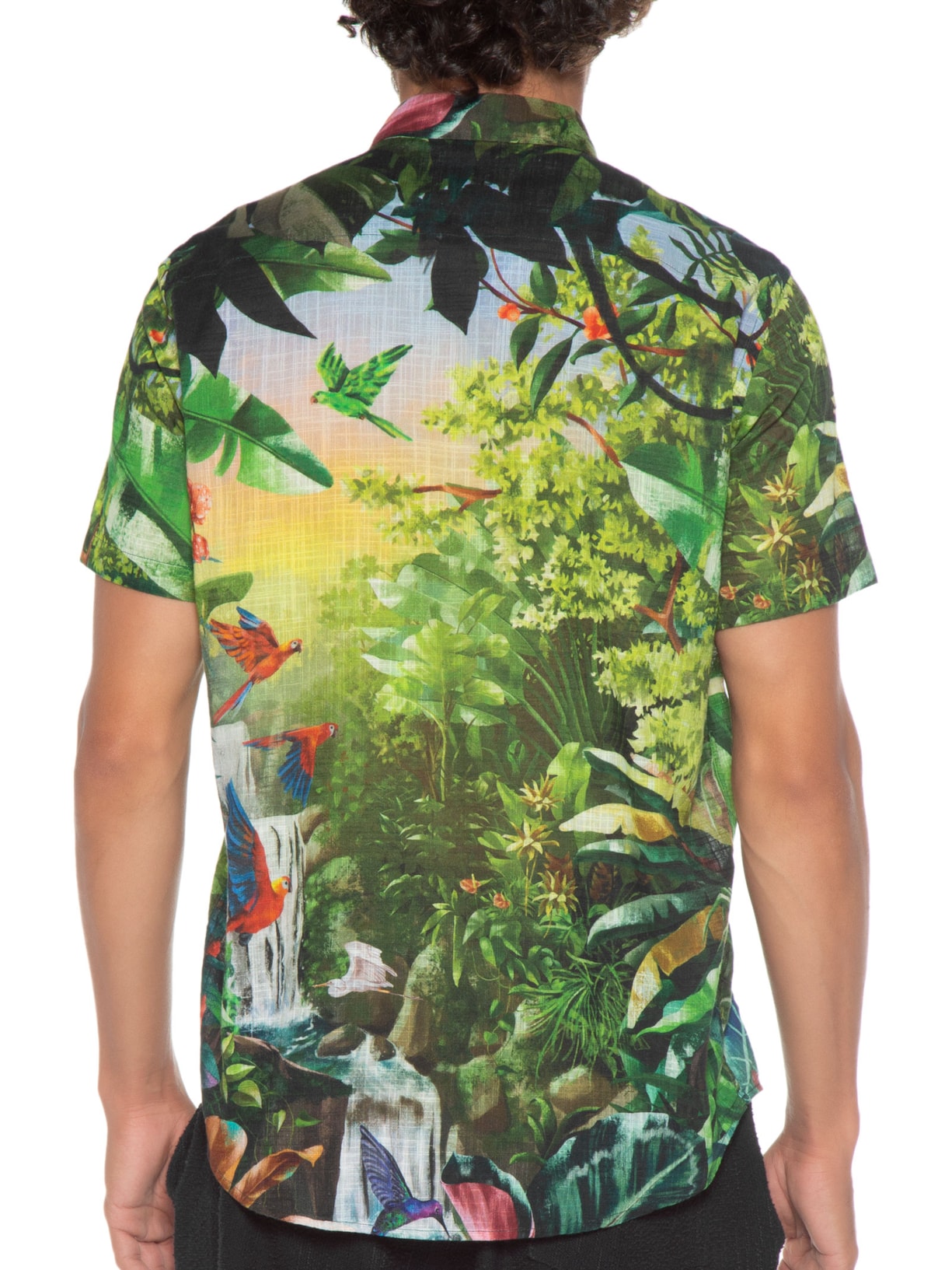 Camisa Masculina Estampada Manga Curta Paraíso Tropical Preto Reserva