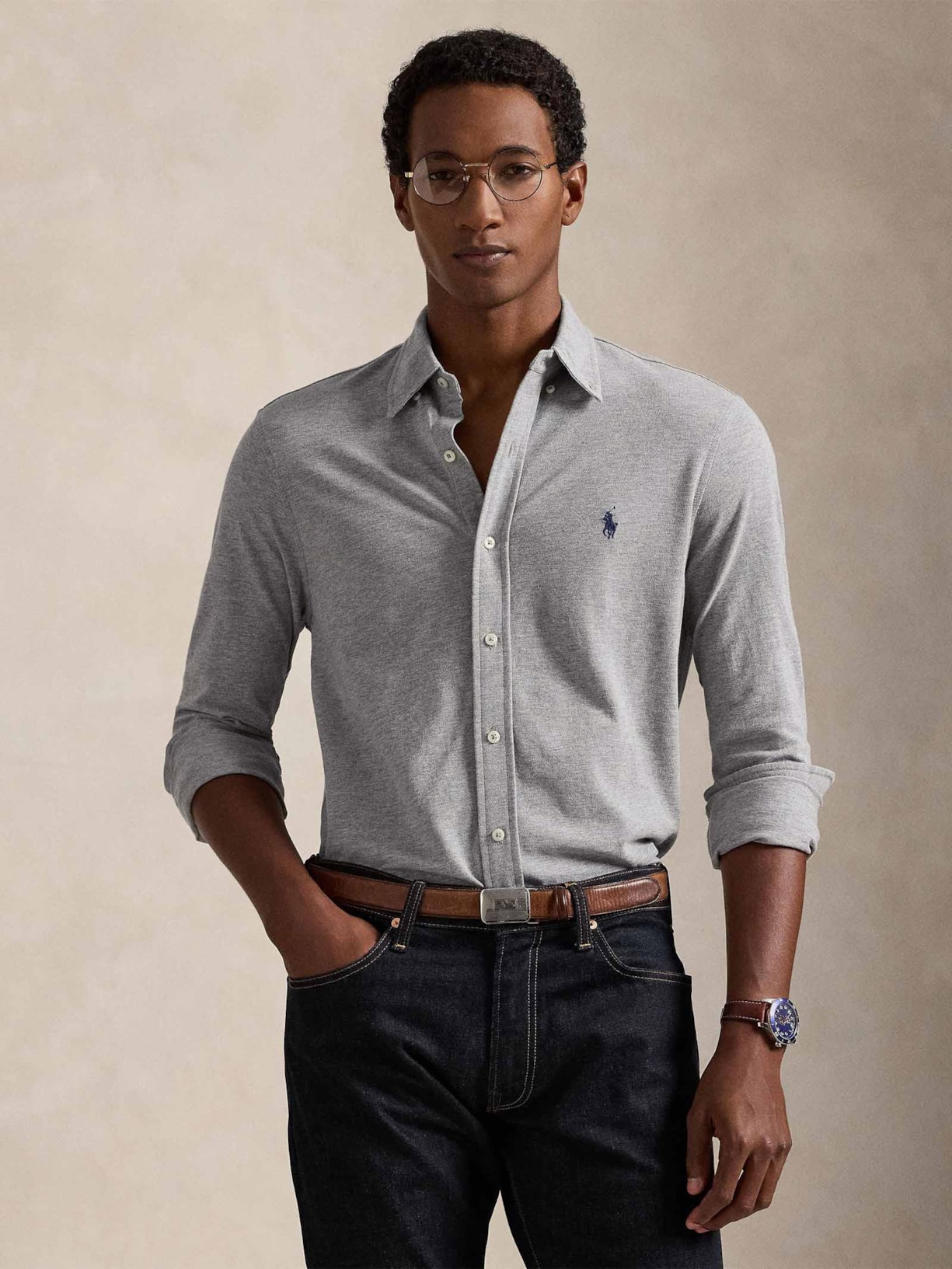 Camisa Masculina Featherweight Mesh Knit Azul Polo Ralph Lauren