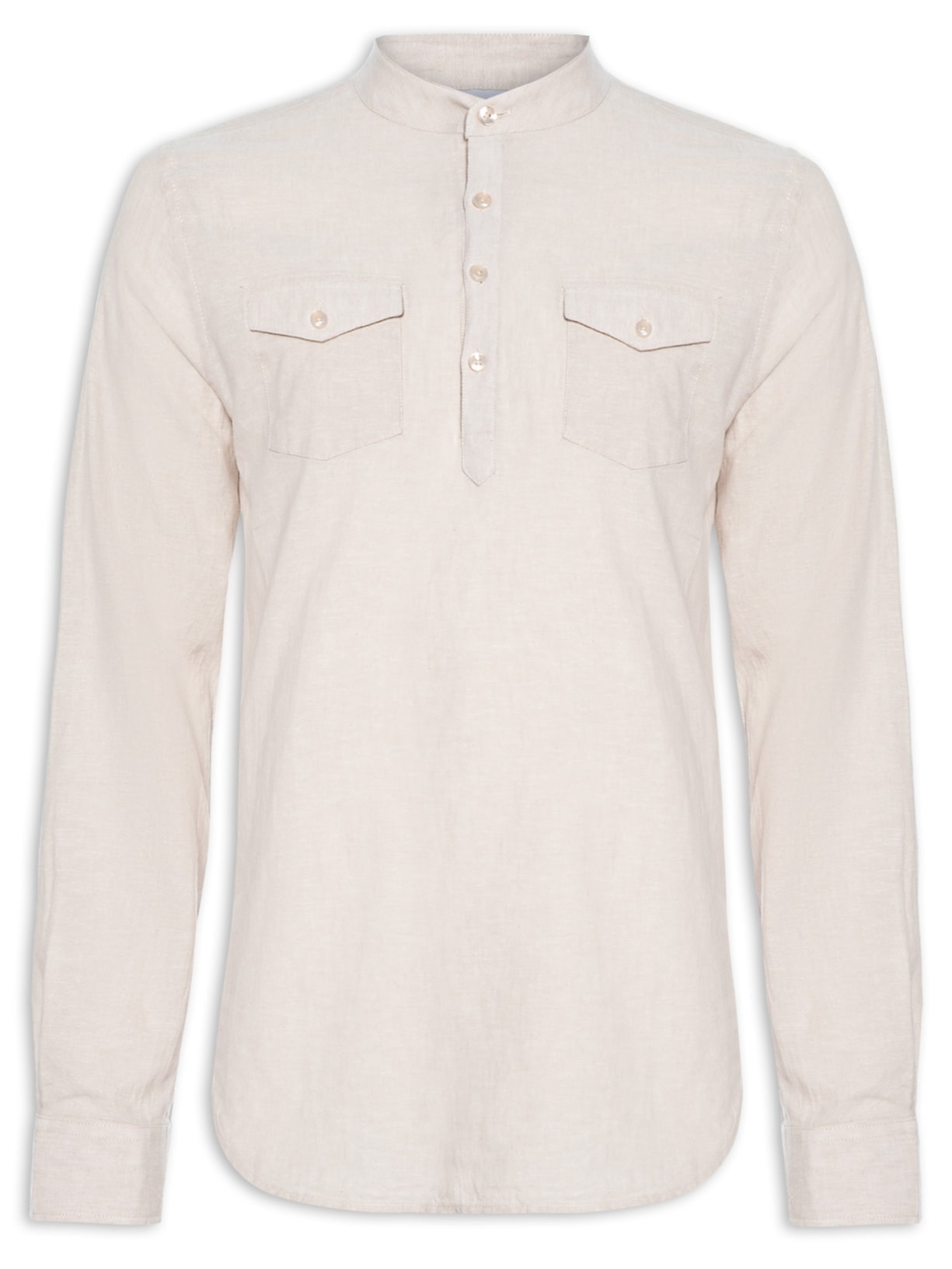 Camisa Masculina Gola Padre Com Bolso Manga Longa - Bege