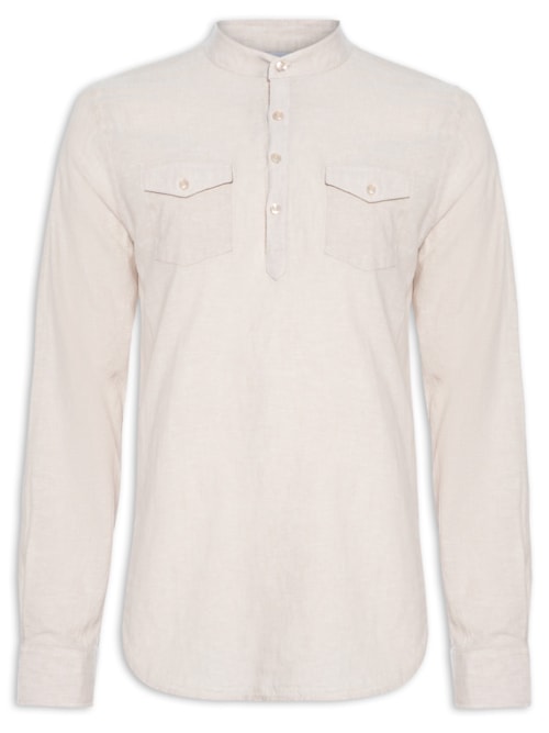 Camisa Masculina Gola Padre Com Bolso Manga Longa - Bege