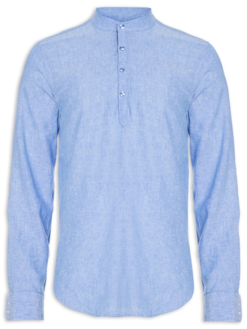 Camisa Masculina Gola Padre Manga Longa - Azul