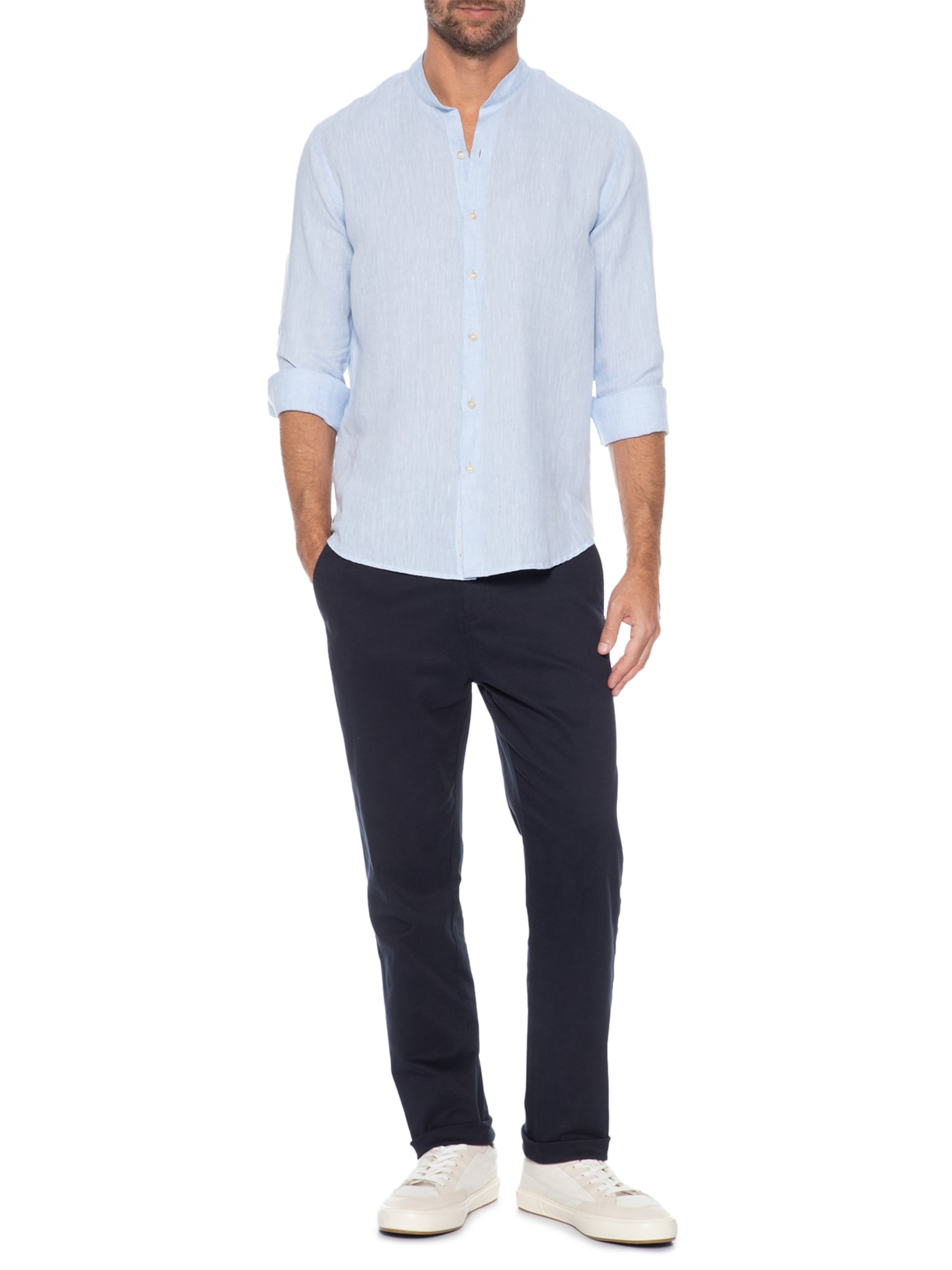 Camisa Masculina Gola Padre Puro Linho Azul Pineapple