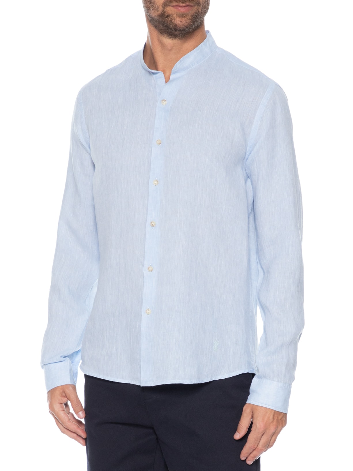 Camisa Masculina Gola Padre Puro Linho Azul Pineapple