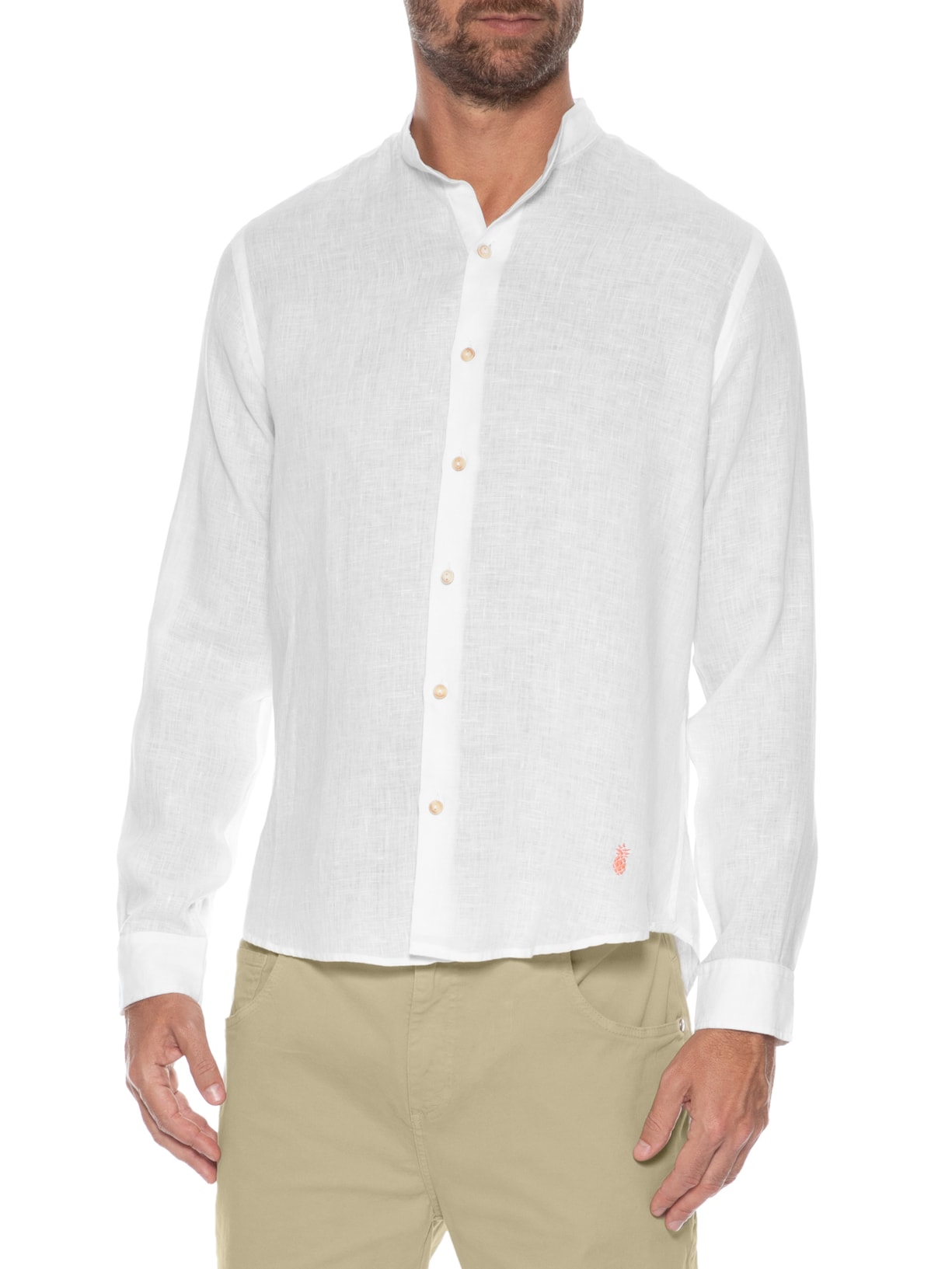 Camisa Masculina Gola Padre Puro Linho Branco Pineapple
