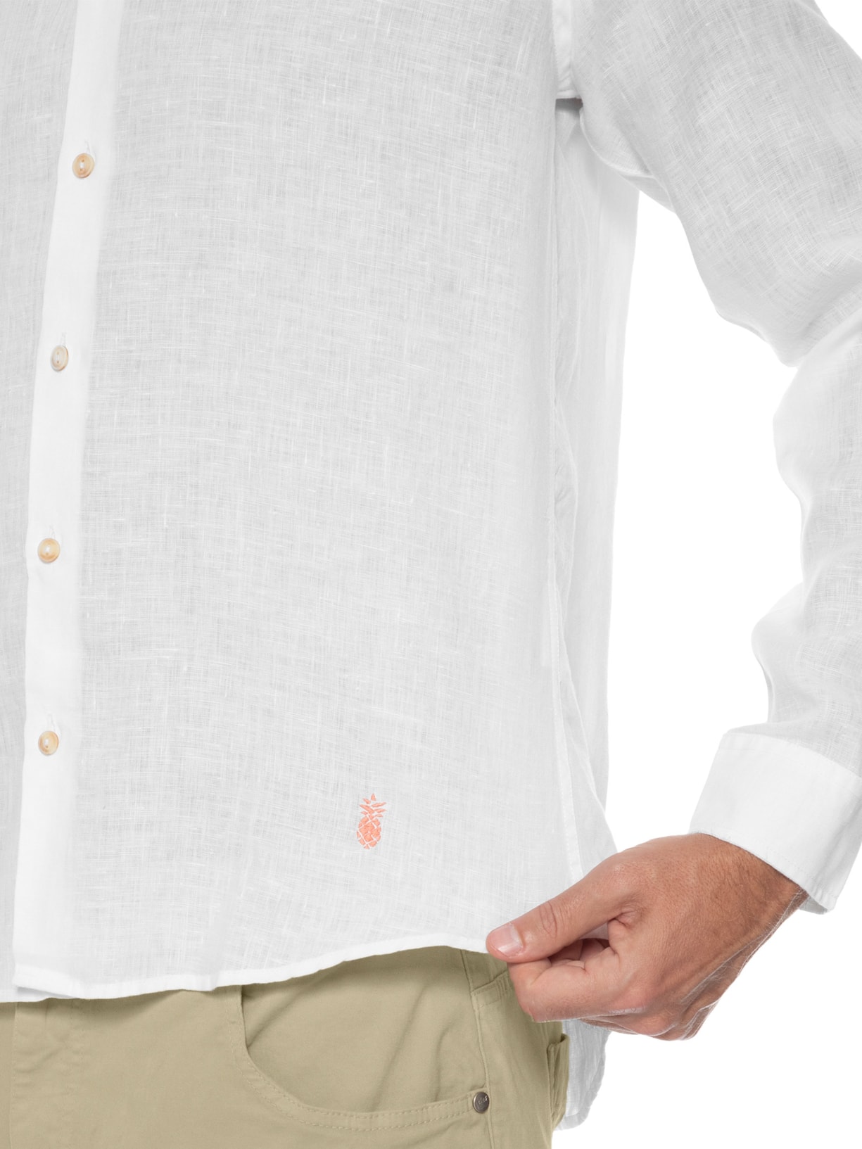 Camisa Masculina Gola Padre Puro Linho Branco Pineapple