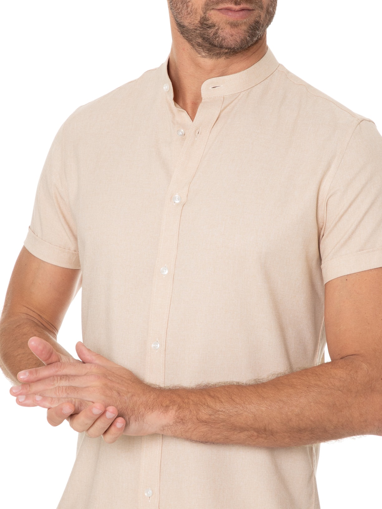 '2 Essential - Camisa Masculina Gola Portuguesa Slim Fit - Bege