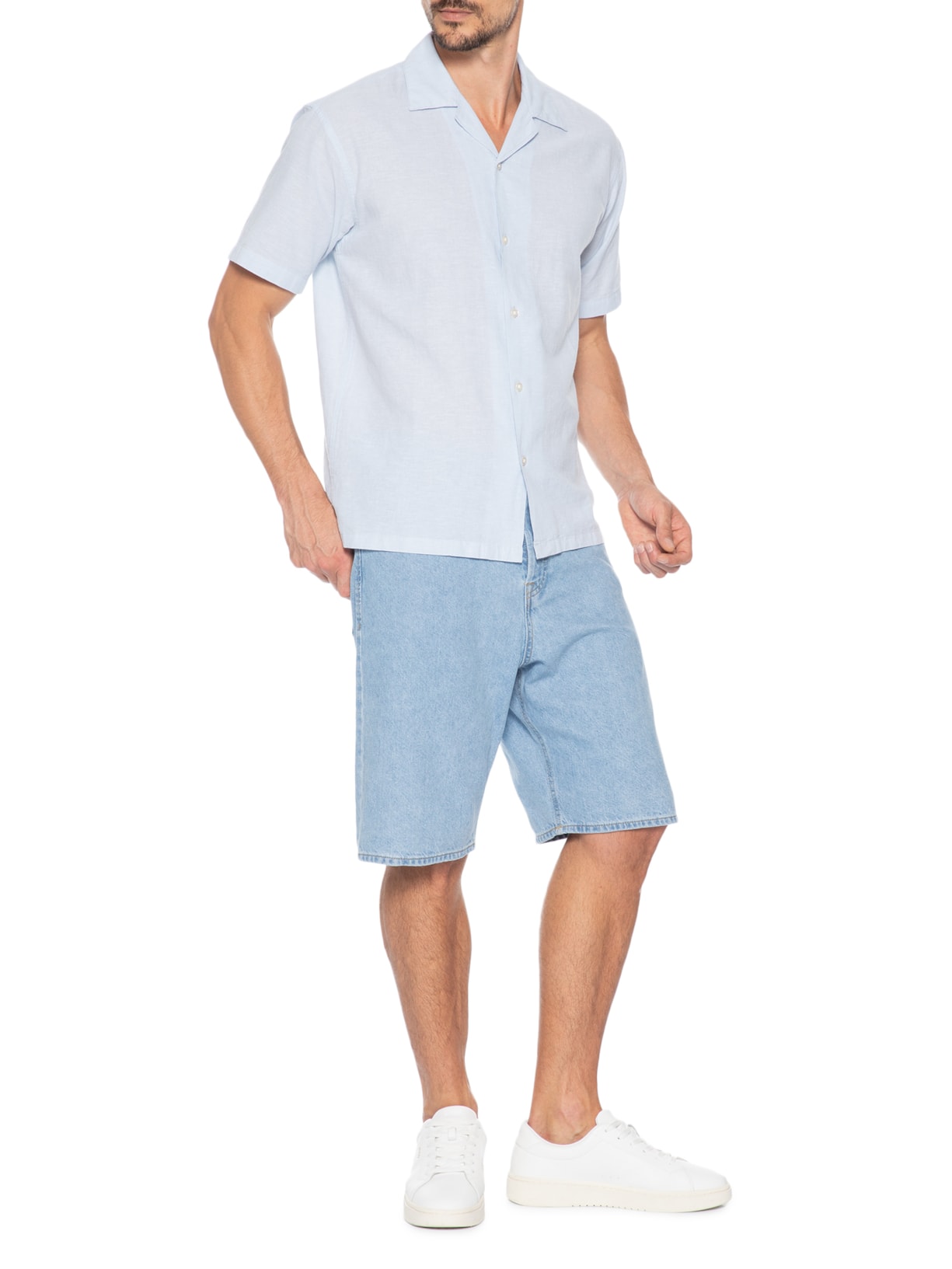 Camisa Masculina Gola Resort Blend De Linho Azul Jack & Jones