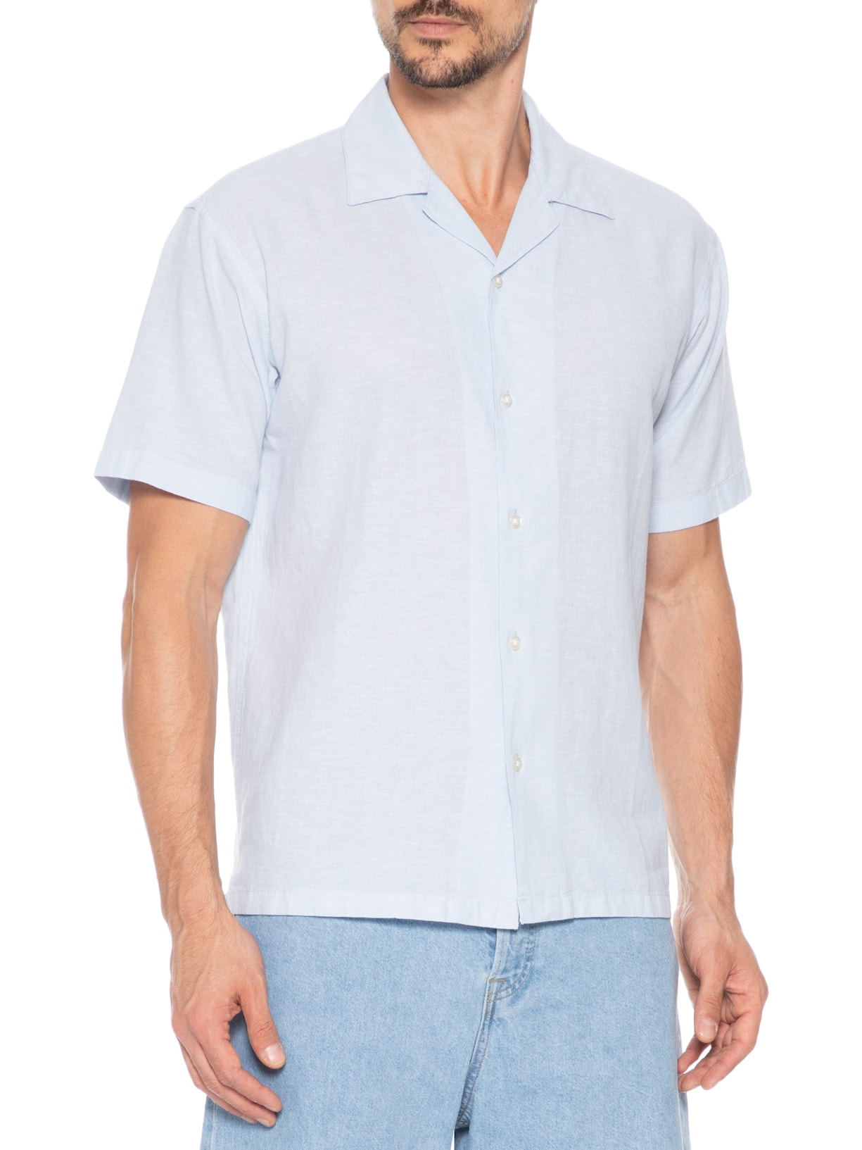 Camisa Masculina Gola Resort Blend De Linho Azul Jack & Jones