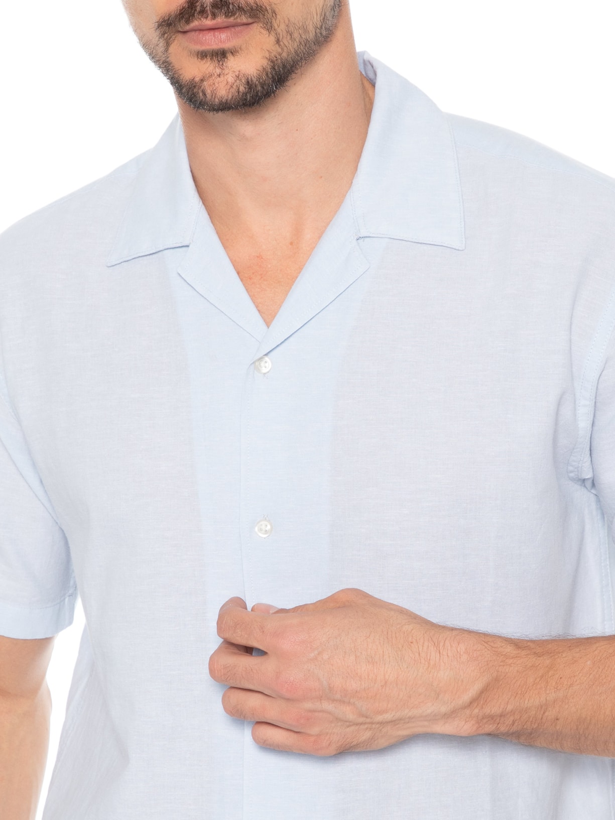 Camisa Masculina Gola Resort Blend De Linho Azul Jack & Jones