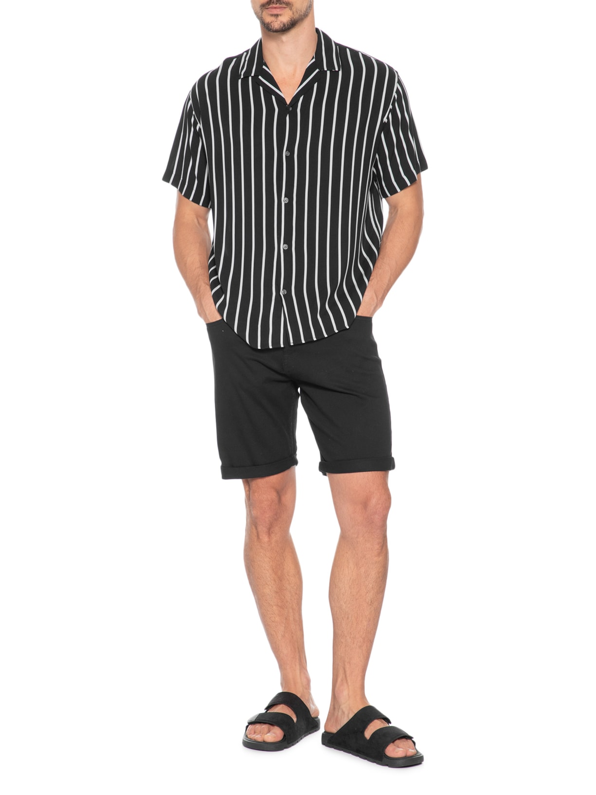 Camisa Masculina Gola Resort Listrada Preto Jack & Jones
