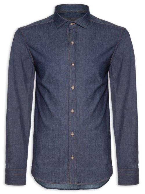 Camisa Masculina Jeans Manga Longa Indigo Escuro - Azul