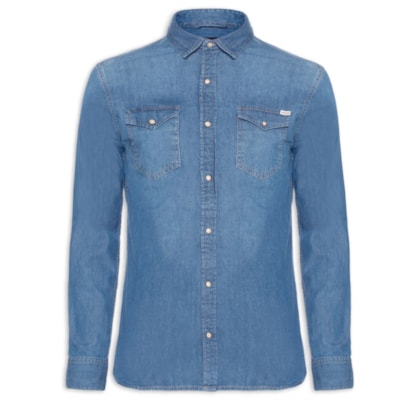 Camisa Masculina Jeans Regular Fit Com Bolsos - Azul