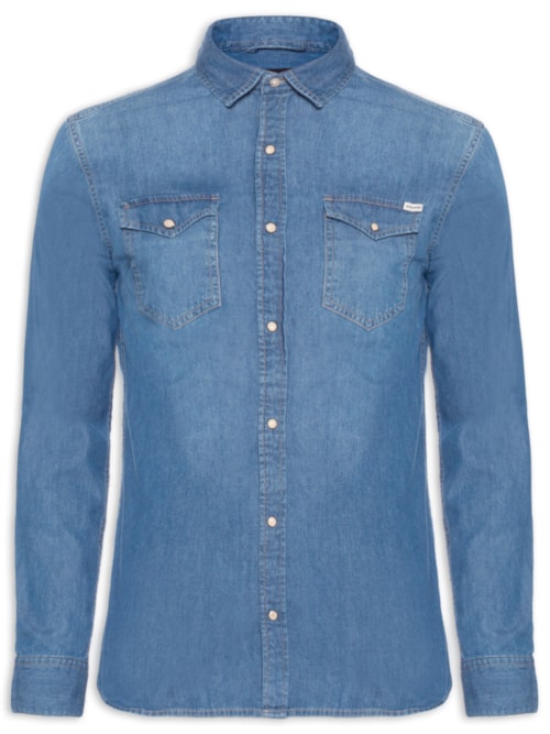 Camisa Masculina Jeans Regular Fit Com Bolsos - Azul