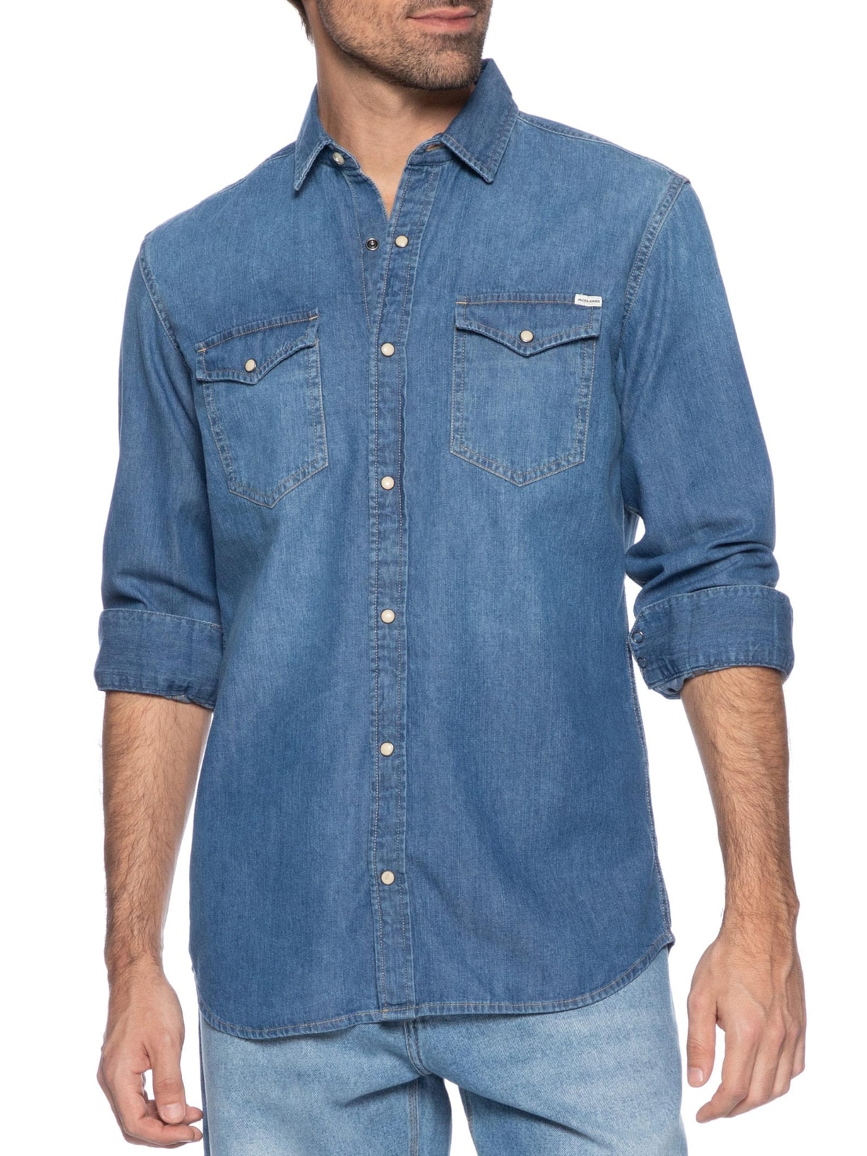Camisa Masculina Jeans Regular Fit Com Bolsos Azul Jack & Jones