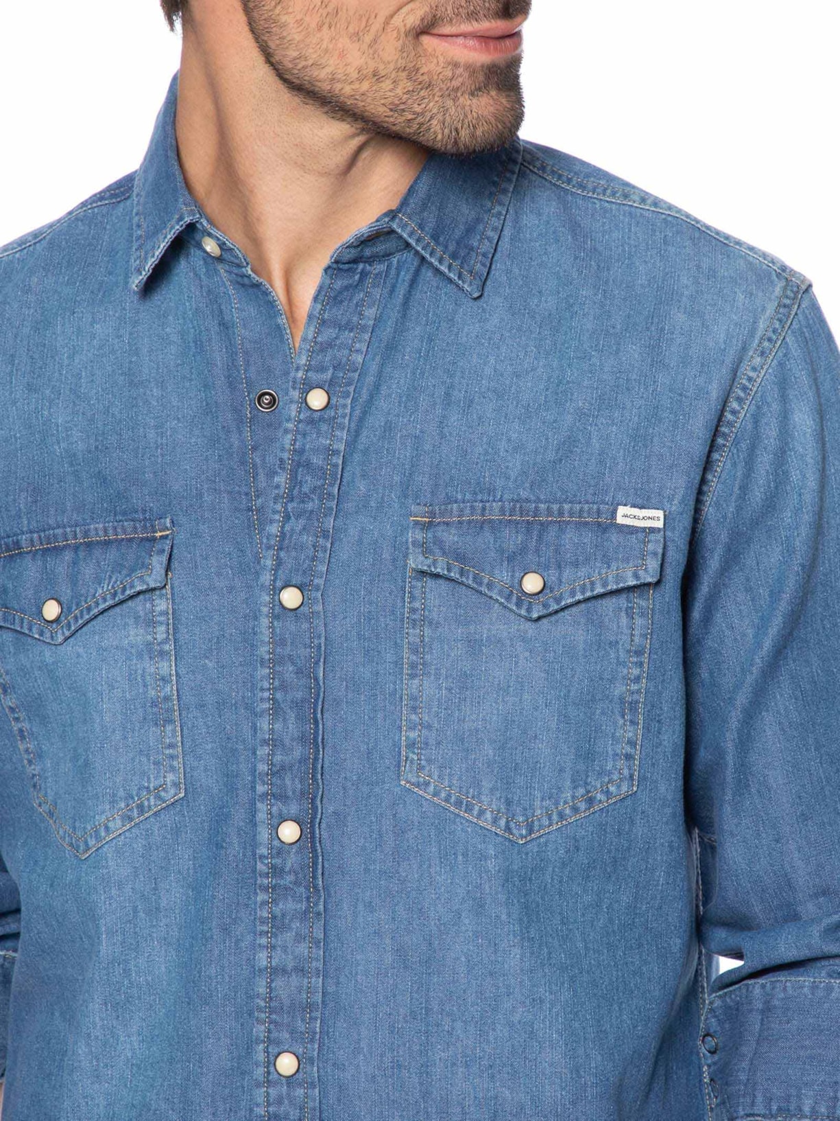 Camisa Masculina Jeans Regular Fit Com Bolsos Azul Jack & Jones