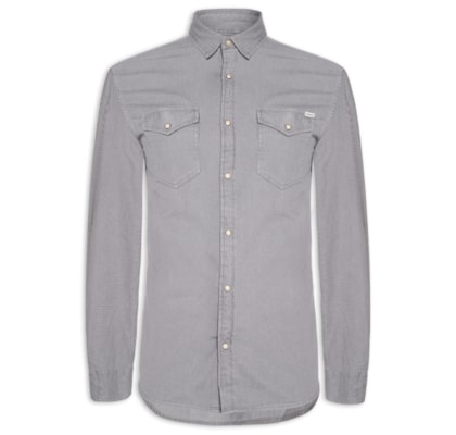 Camisa Masculina Jeans Regular Fit Com Bolsos - Cinza