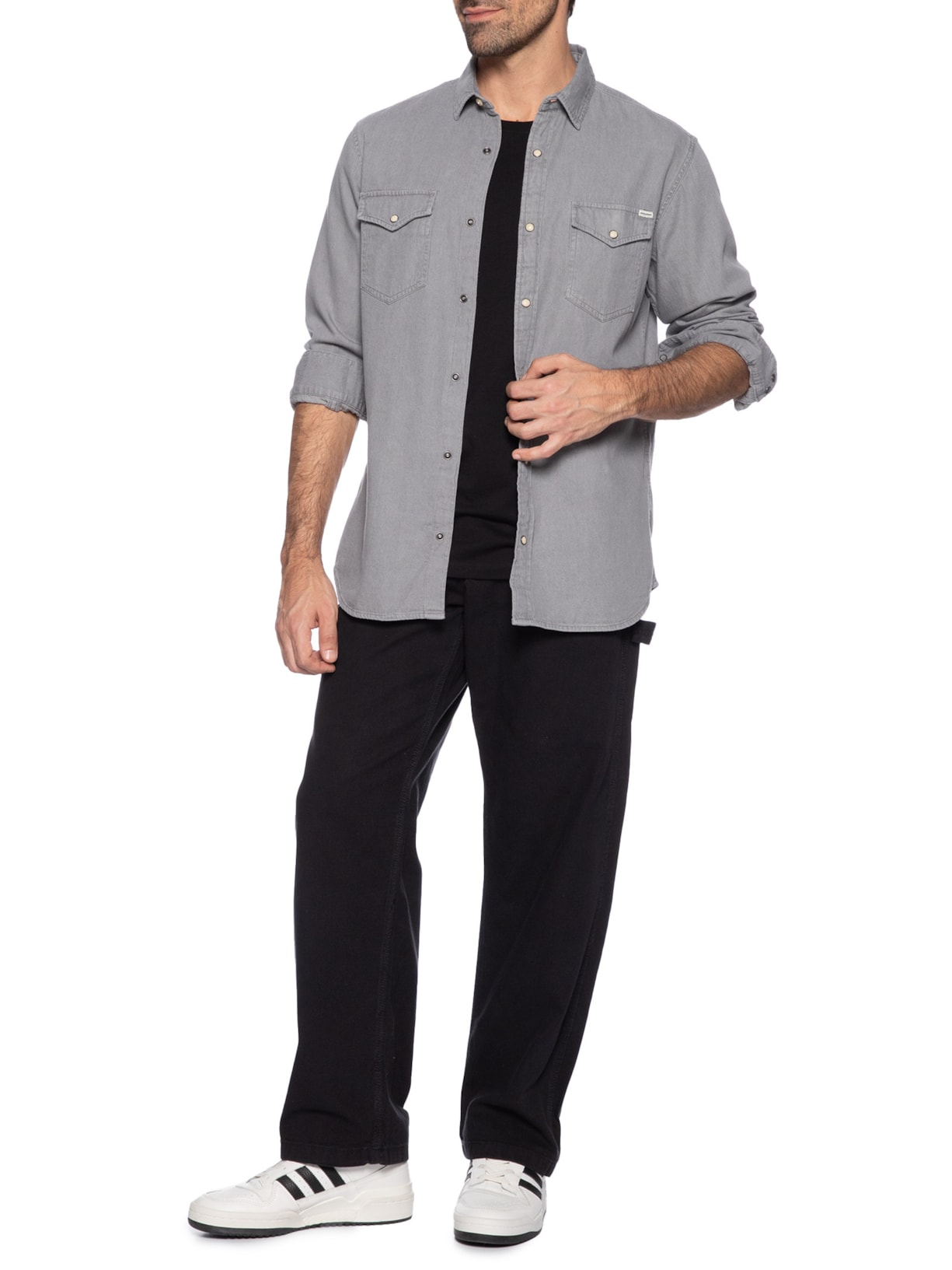 Camisa Masculina Jeans Regular Fit Com Bolsos Cinza Jack & Jones