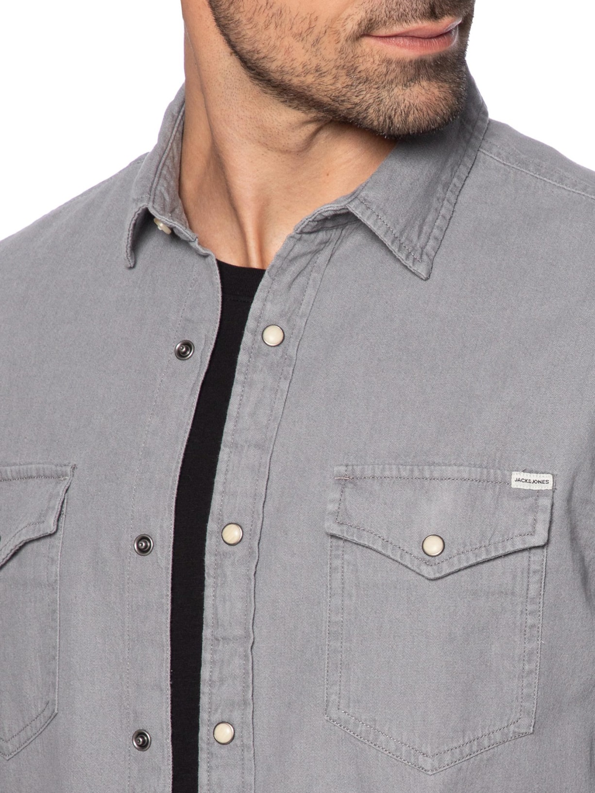 Camisa Masculina Jeans Regular Fit Com Bolsos Cinza Jack & Jones