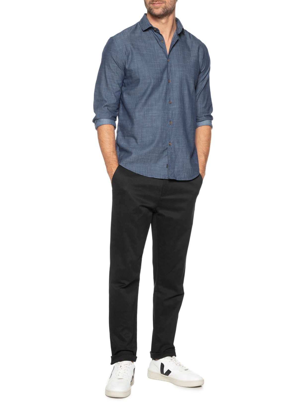 Camisa Masculina Jeans Regular Fit Denim Like Azul Aramis