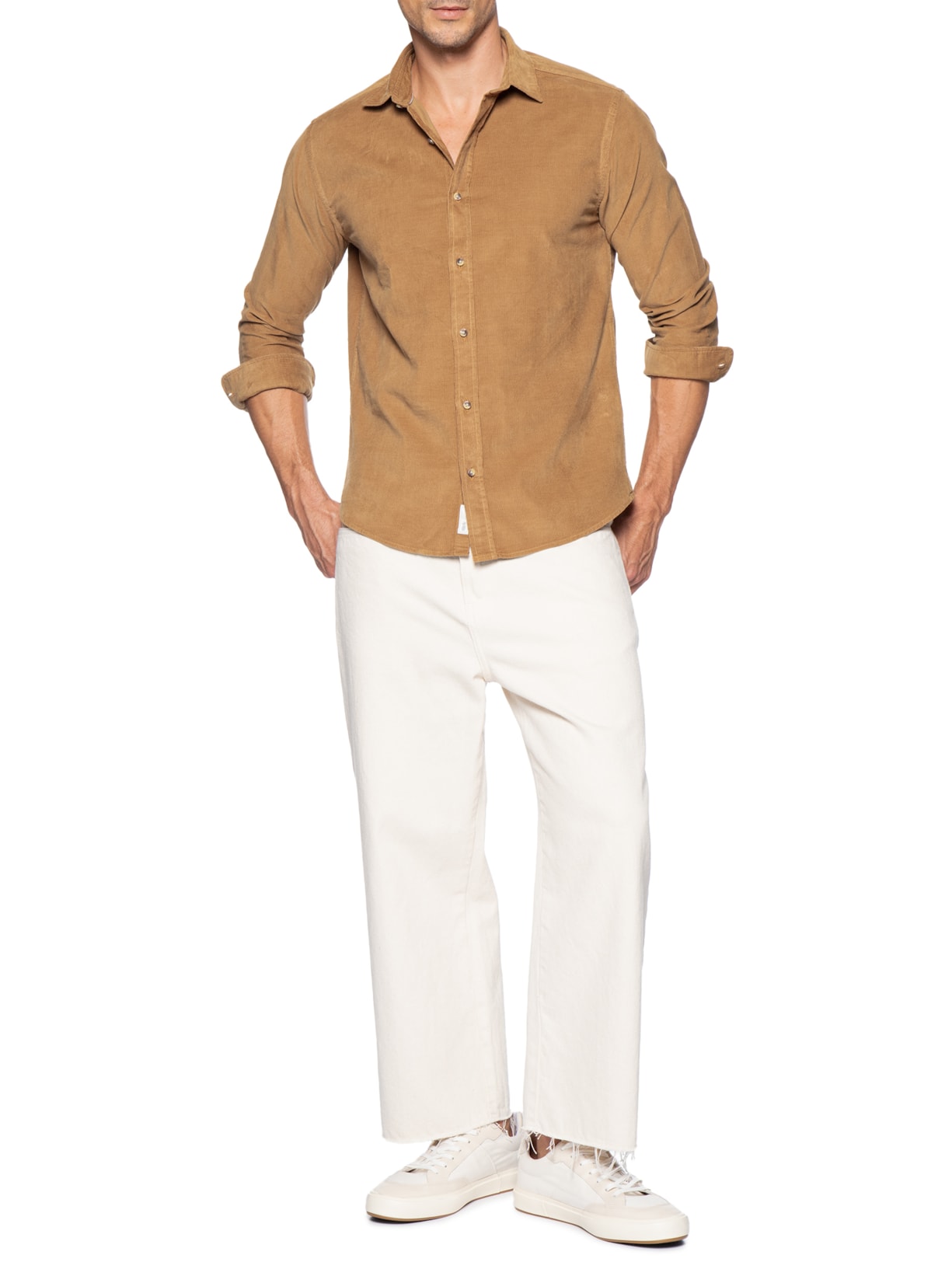 Camisa Masculina Leve Em Veludo Bege Pineapple