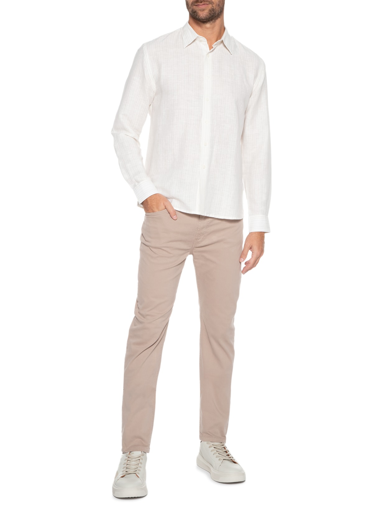 Camisa Masculina Linen Blend Greco Clas Anat Manga Longa Off White Vr