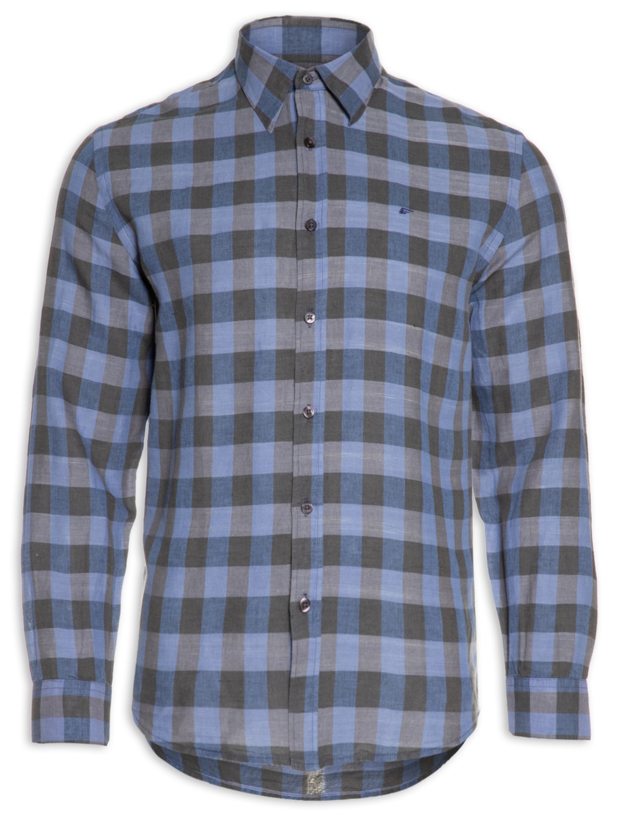 Camisa Masculina Linen Blend Stone Plaid Manga Longa - Azul