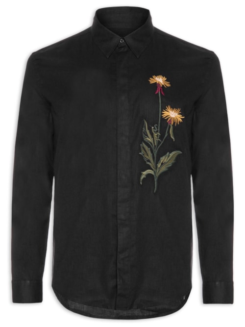 Camisa Masculina Linen Bordado Louva Deus – Preto