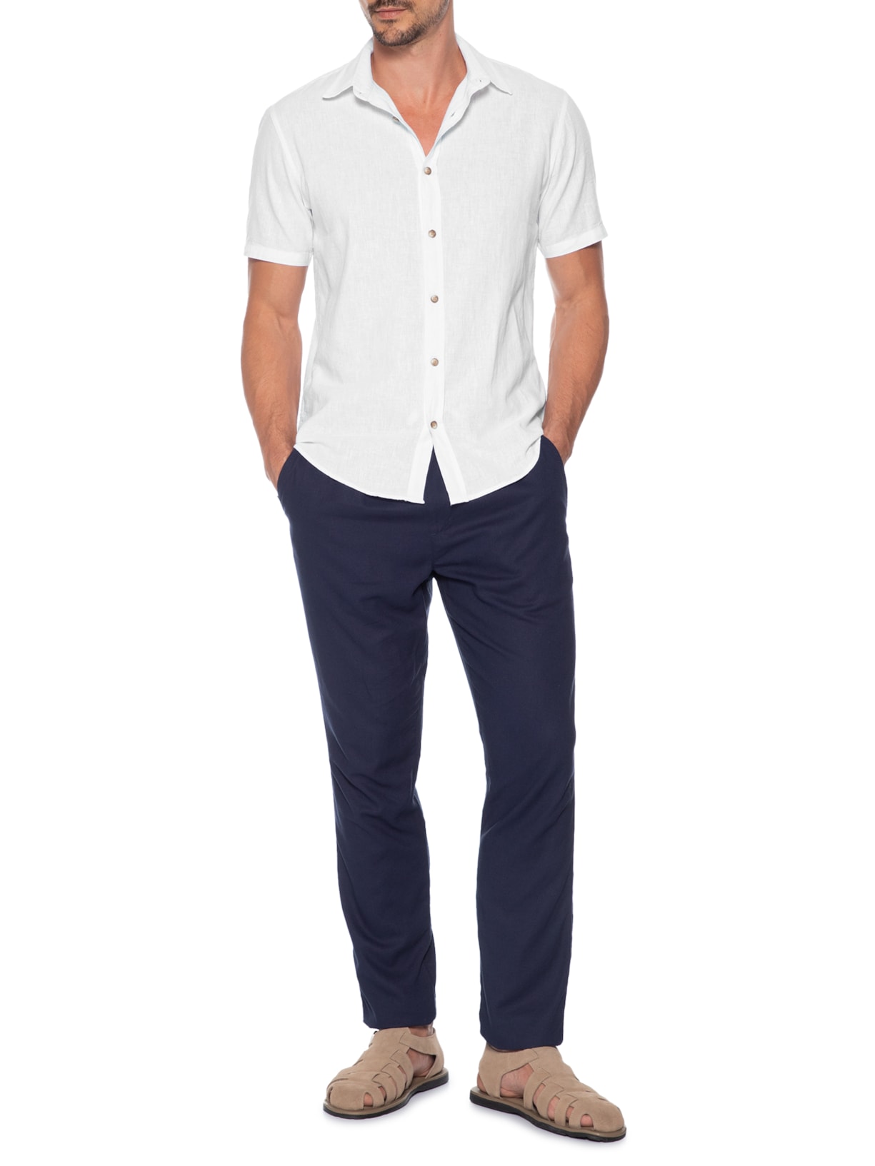 Camisa Masculina Linho Belize Manga Curta Branco Austral