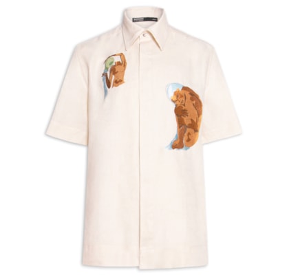 Camisa Masculina Linho Bordado Aquarius - Off White
