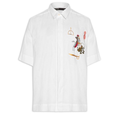 Camisa Masculina Linho Bordado Guerreiro - Branco