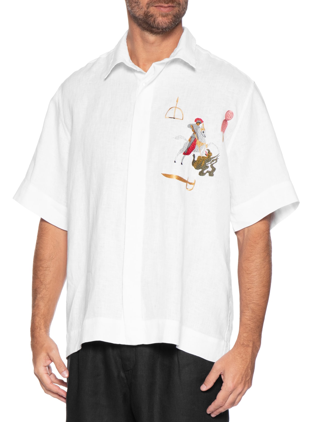 Camisa Masculina Linho Bordado Guerreiro Branco Handred