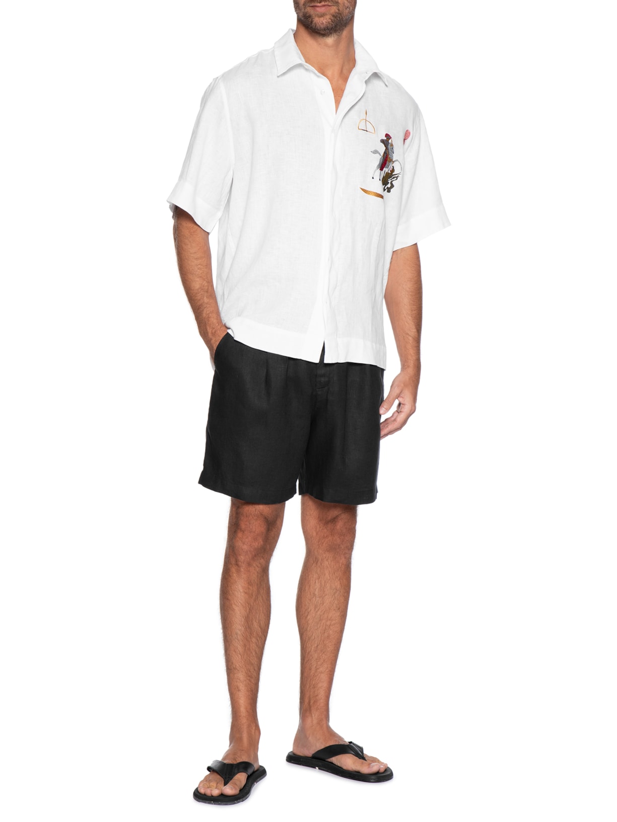 Camisa Masculina Linho Bordado Guerreiro Branco Handred