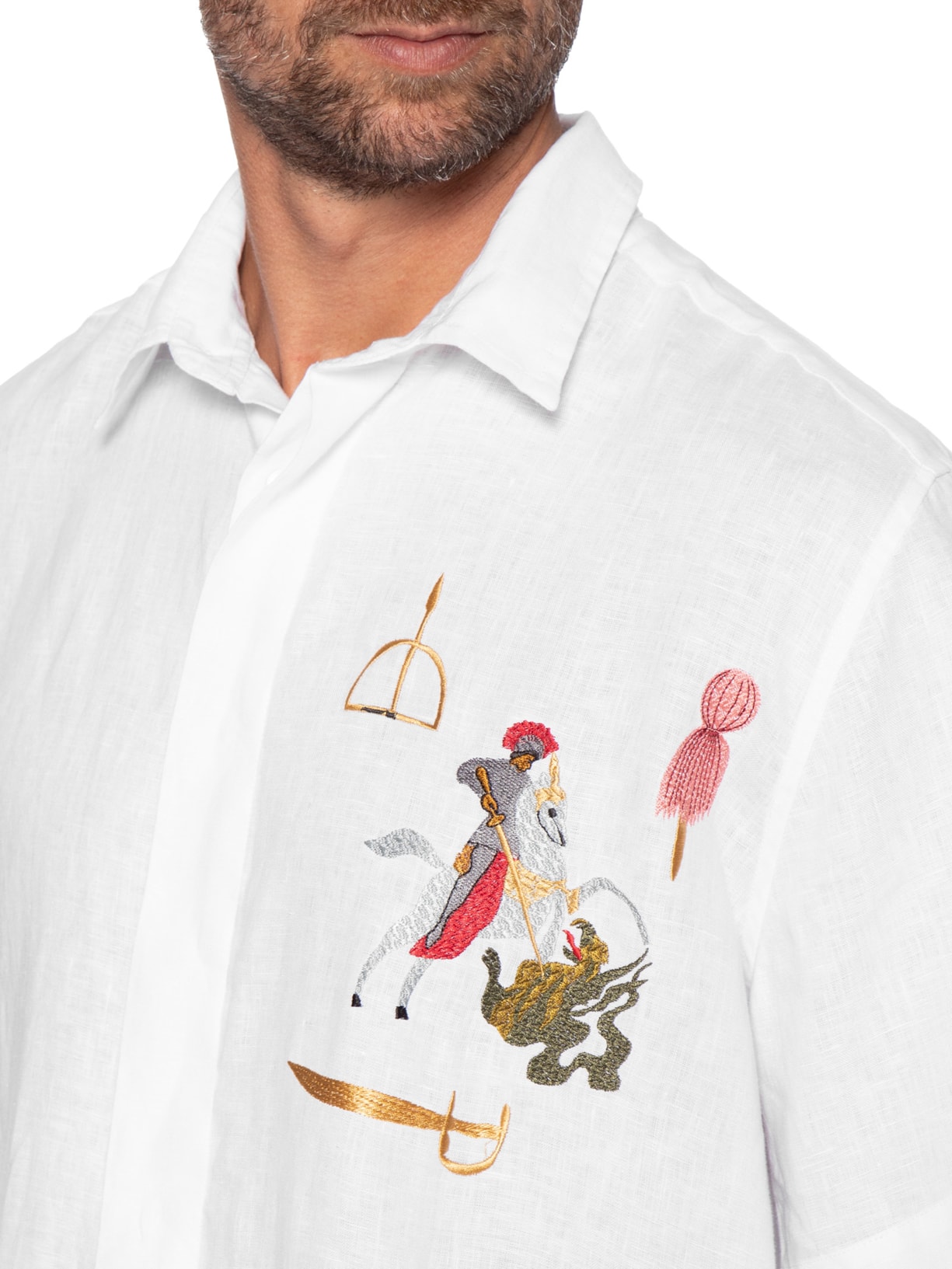 Camisa Masculina Linho Bordado Guerreiro Branco Handred