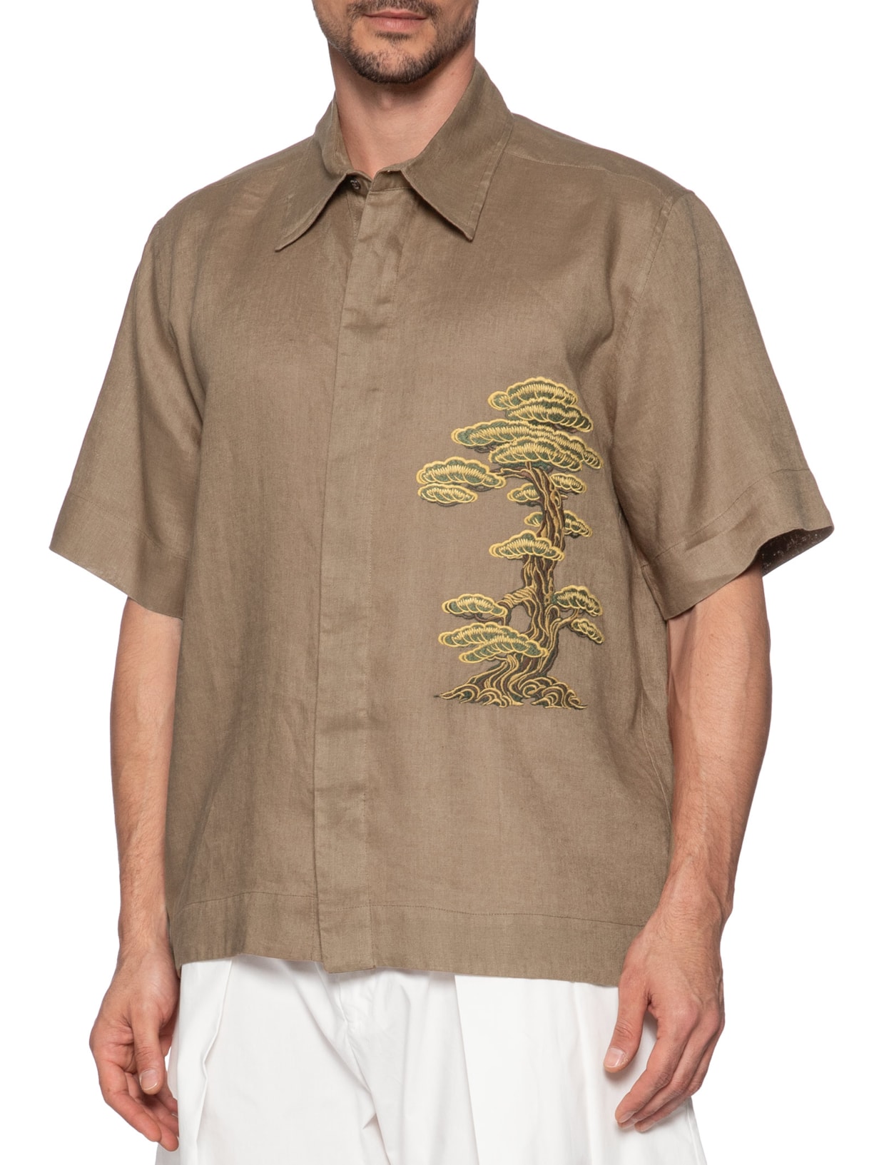Camisa Masculina Linho Bordado Matsu Marrom Handred