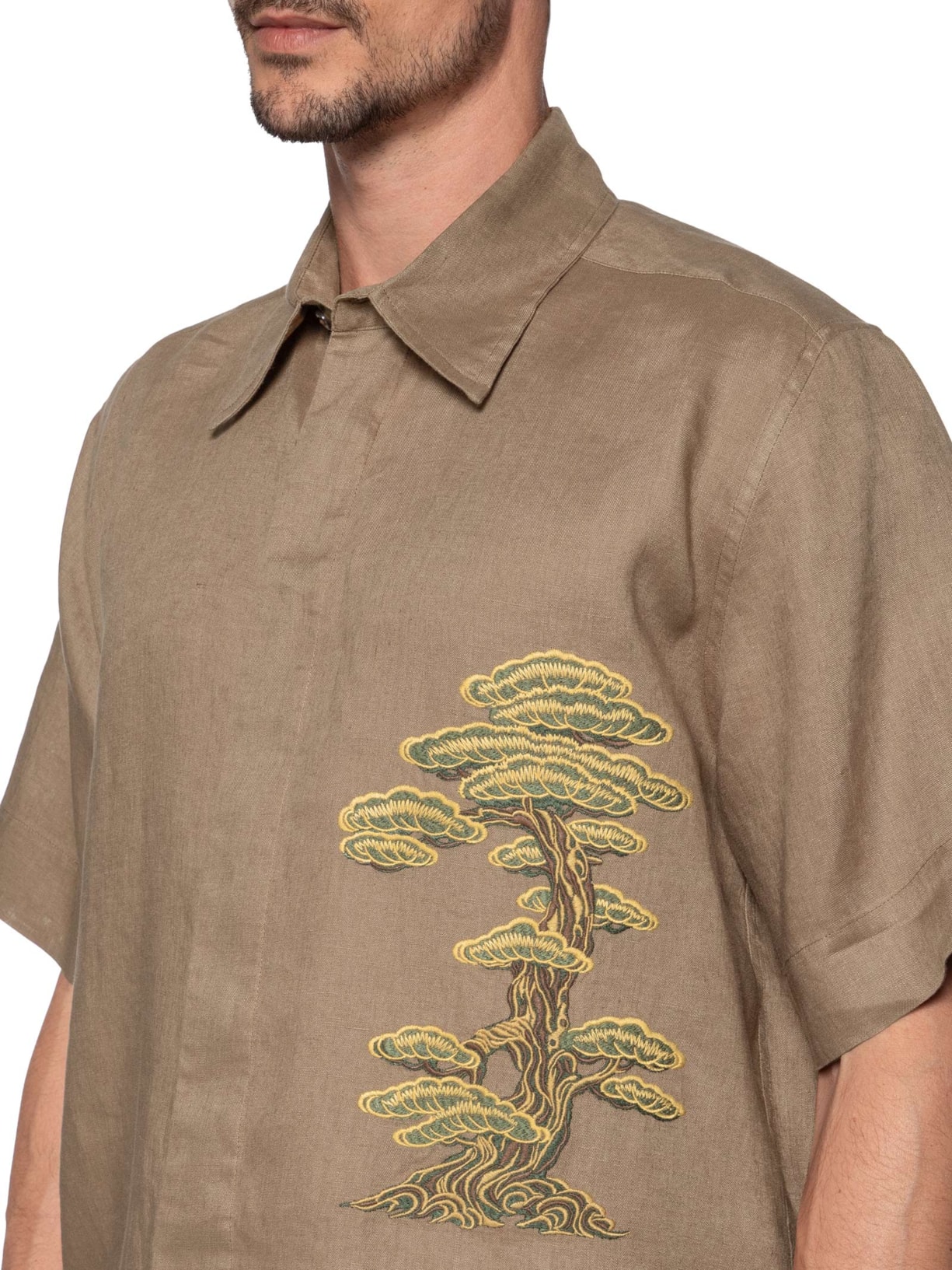 Camisa Masculina Linho Bordado Matsu Marrom Handred