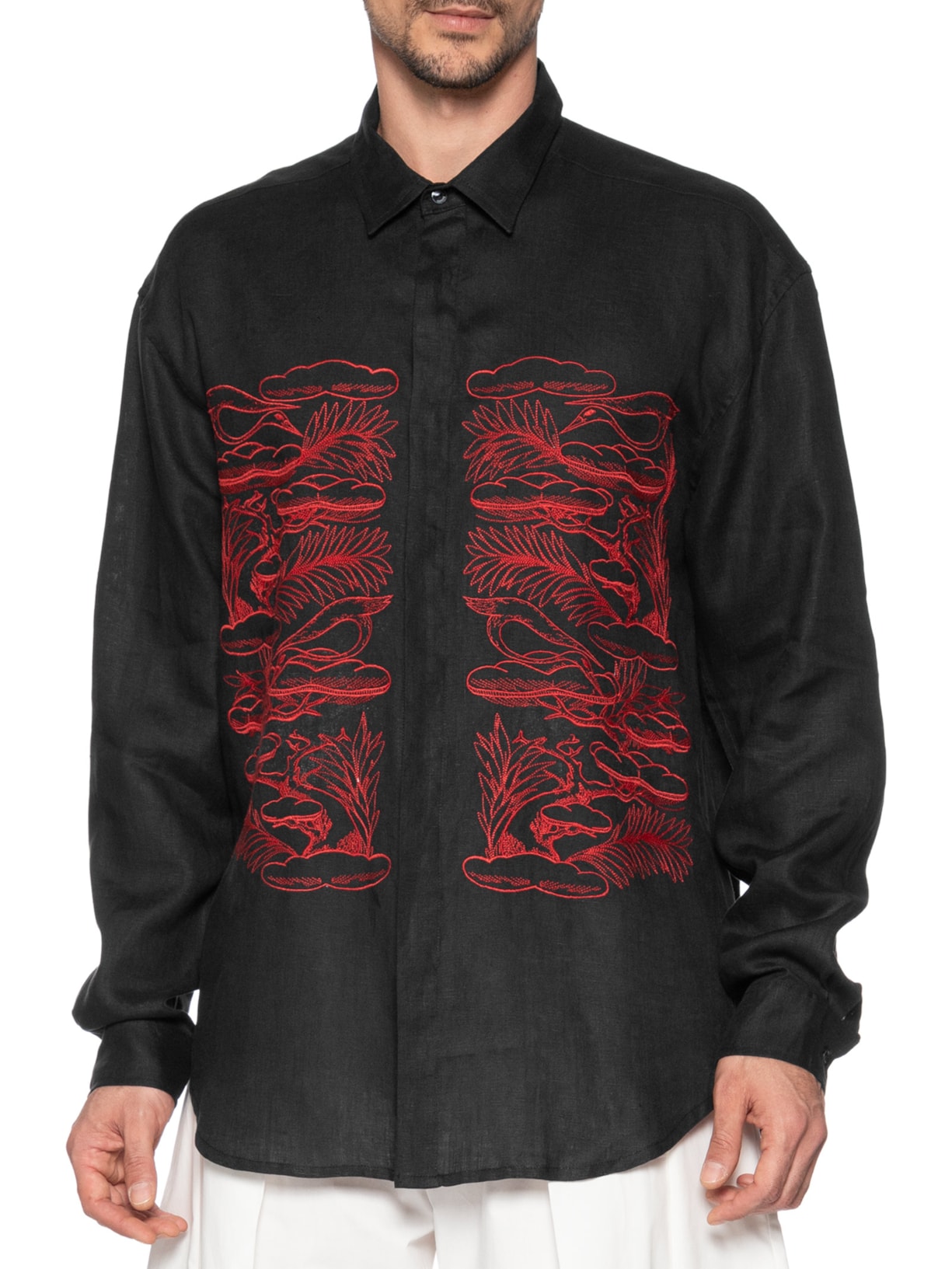 Camisa Masculina Linho Bordado Pouso Preto Handred