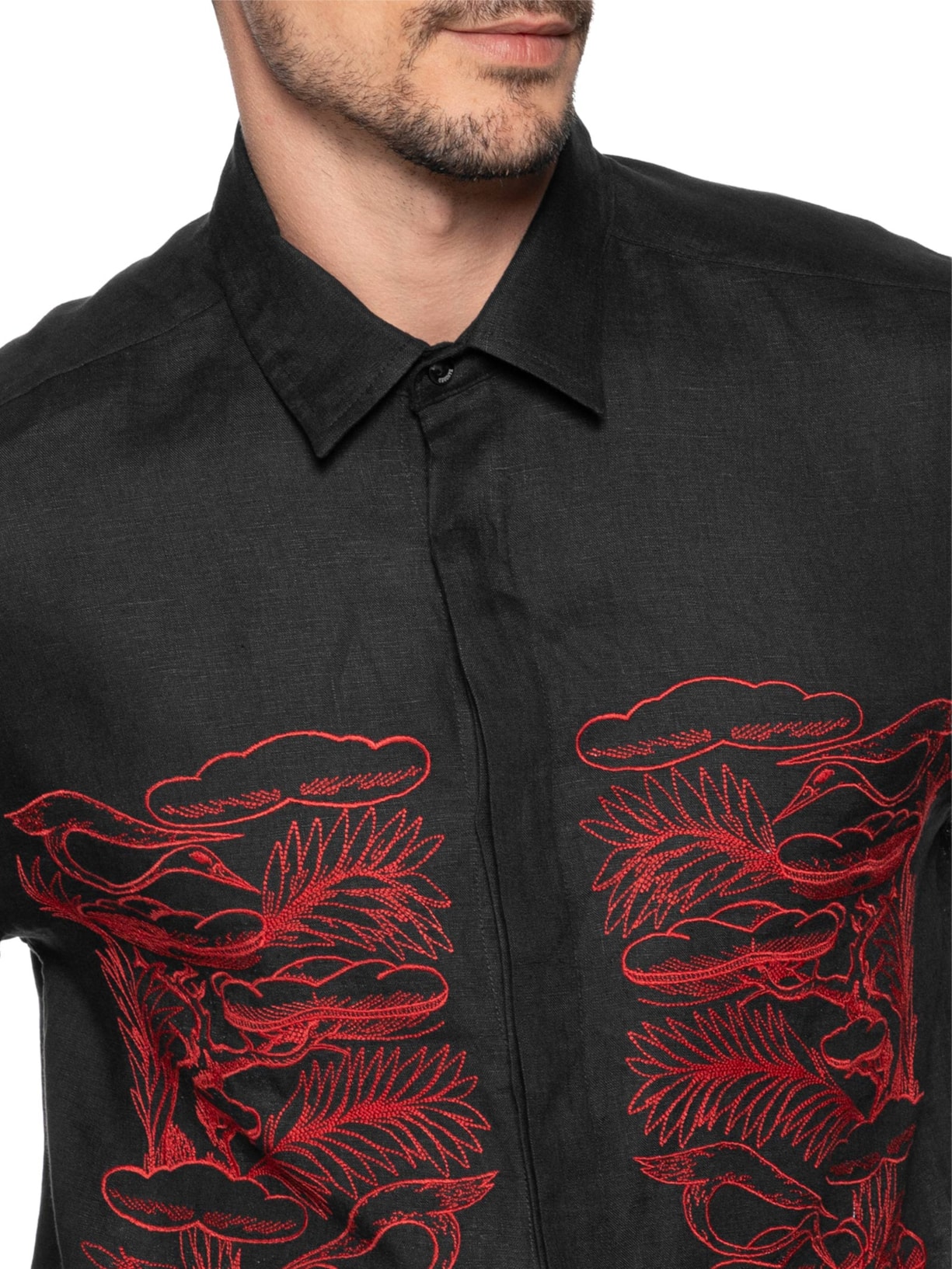Camisa Masculina Linho Bordado Pouso Preto Handred