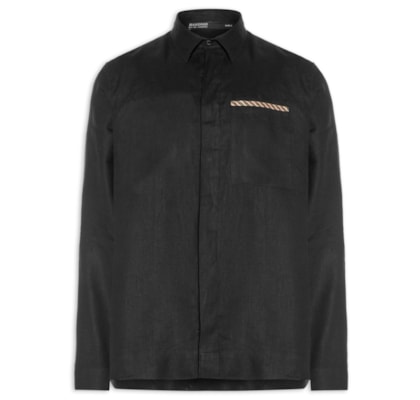 Camisa Masculina Linho Bordado Rosto - Preto