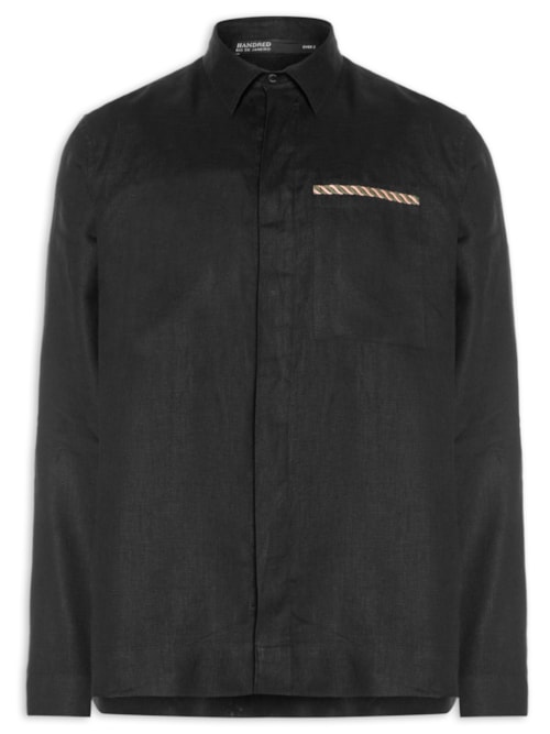 Camisa Masculina Linho Bordado Rosto - Preto