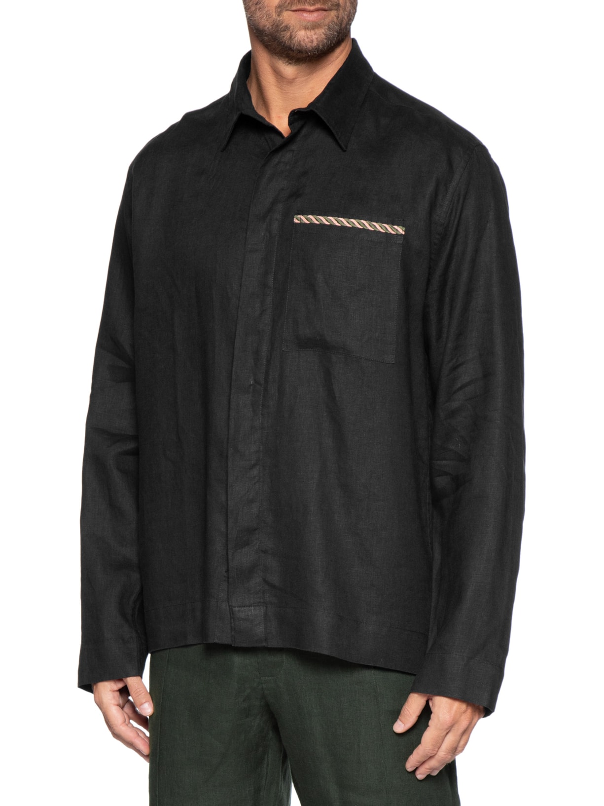 Camisa Masculina Linho Bordado Rosto Preto Handred